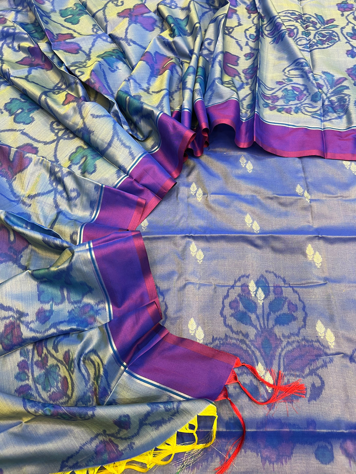Pochampalli ikkat tani print katan silk unstiched suits sets