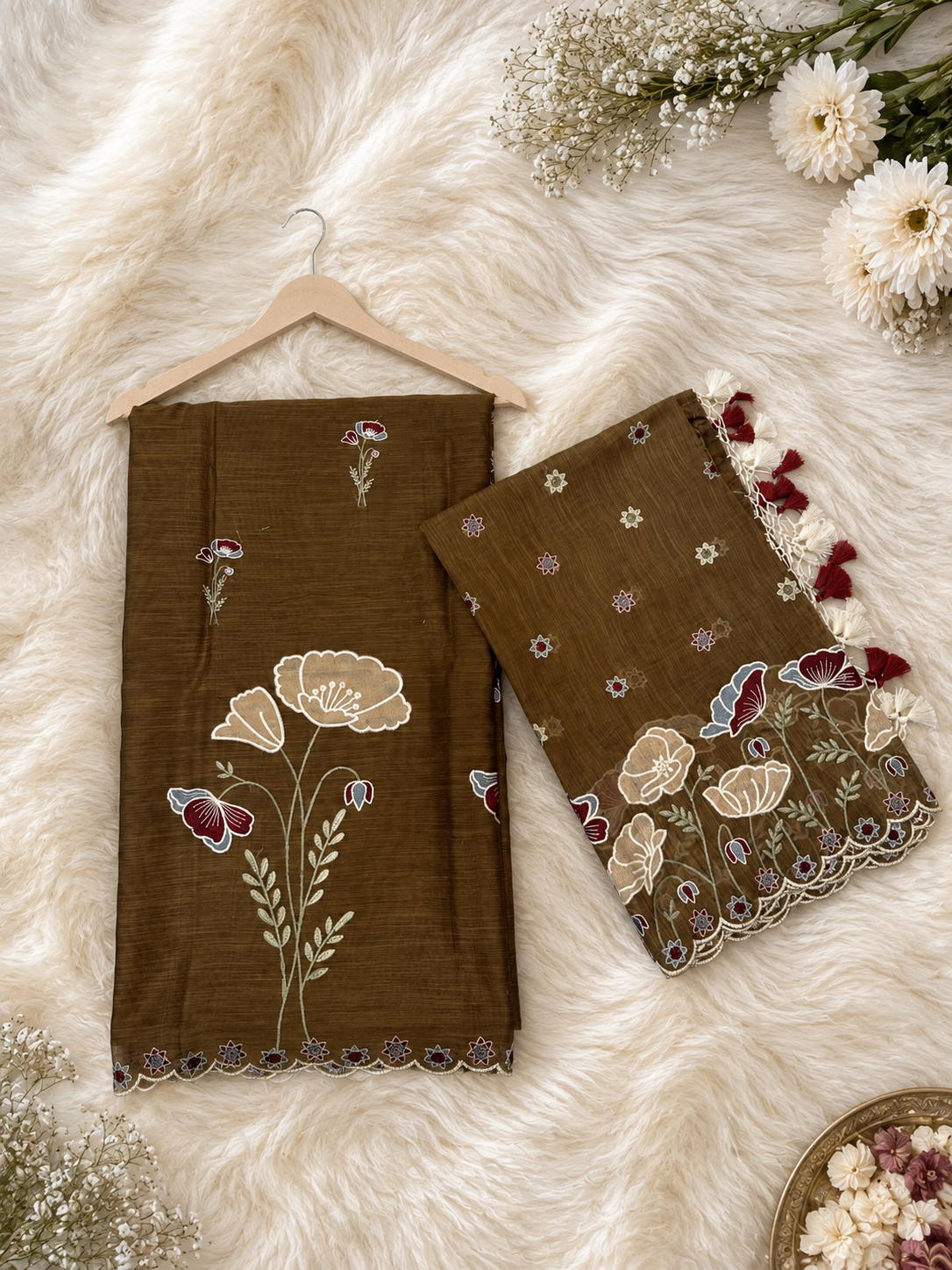 Linen multi thread embroidered tissue Applique kalga design unstiched suits