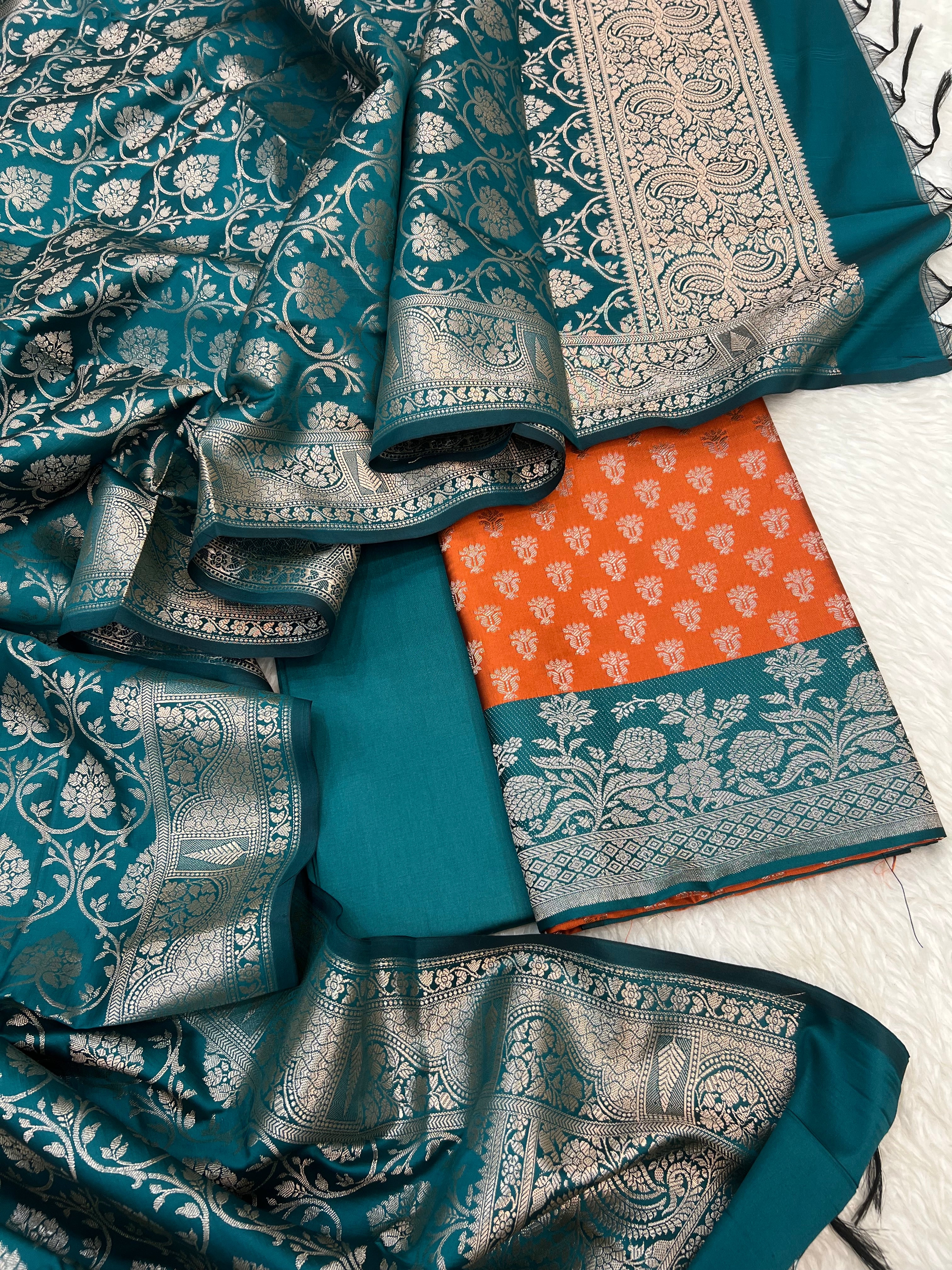 Banarasi silk zari jackard weaving multi contrast unstitched suits sets