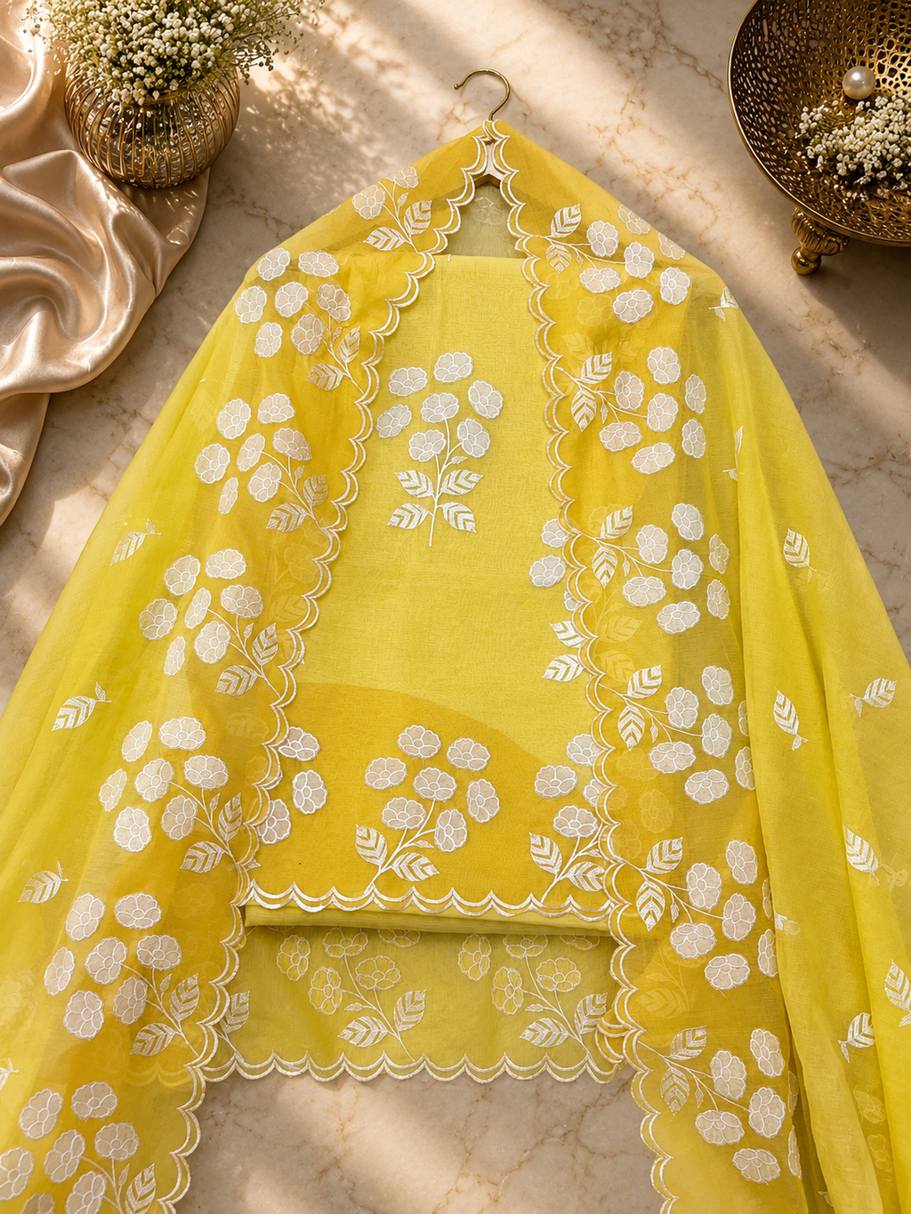 Pure mal Chanderi embroidery with cotton Applique ombre contrast dyeing effect unstitched suits sets