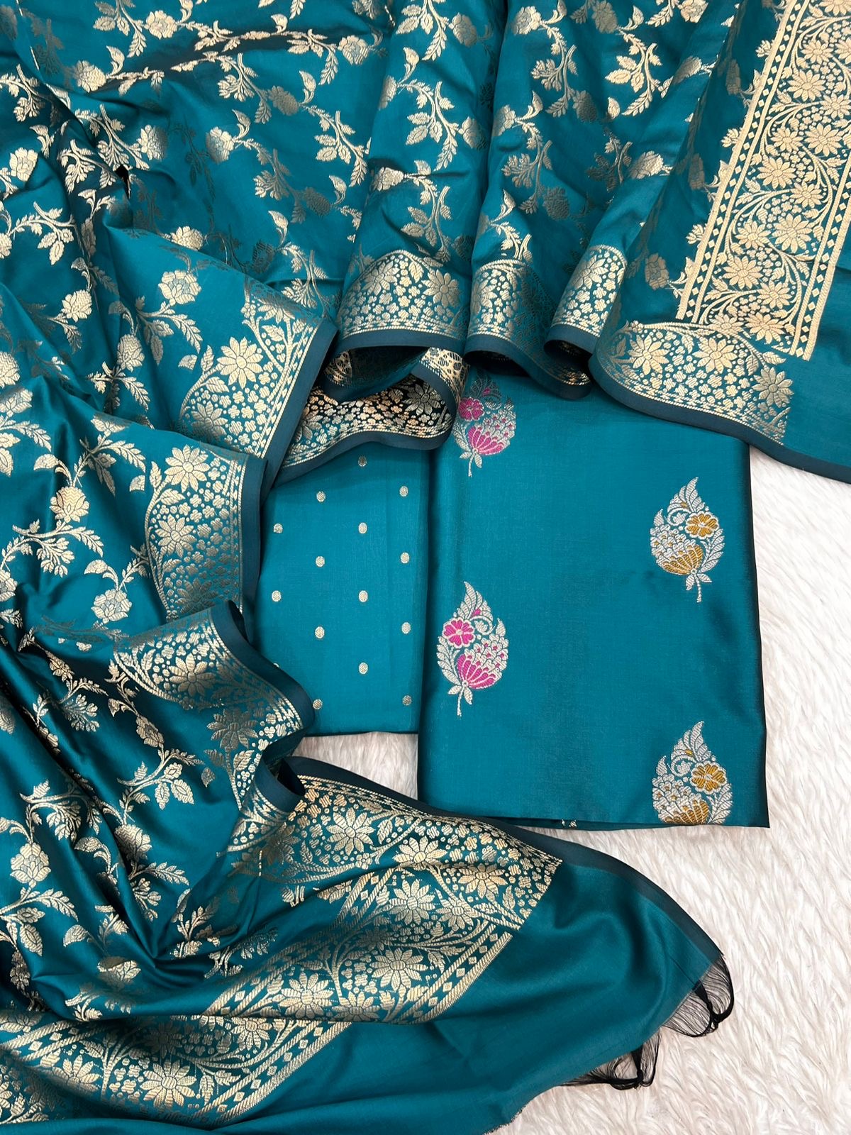 Banarasi silk zari jackard Mina alfi boota unstitched suits collections