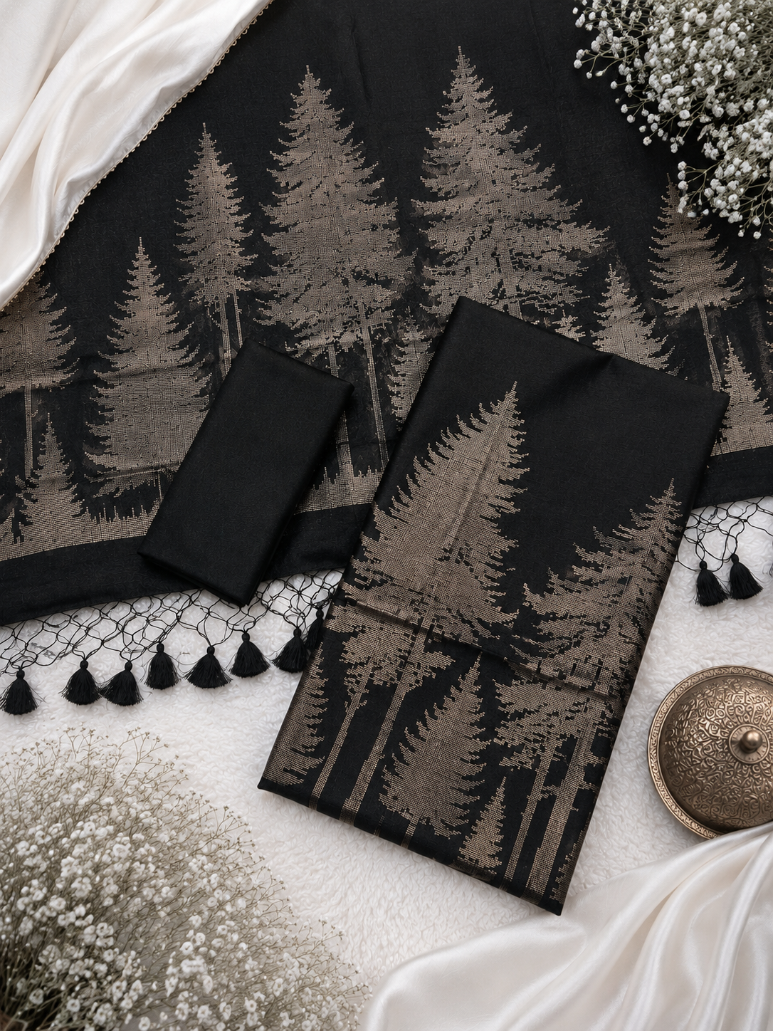 Tussar silk zari weaved botanical forest inspired design unstiched suits sets