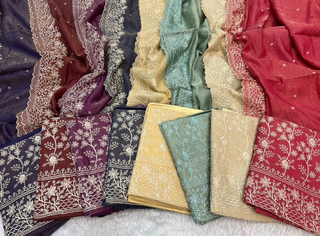 Pure crush tissue heavy embroidered unstitched suits