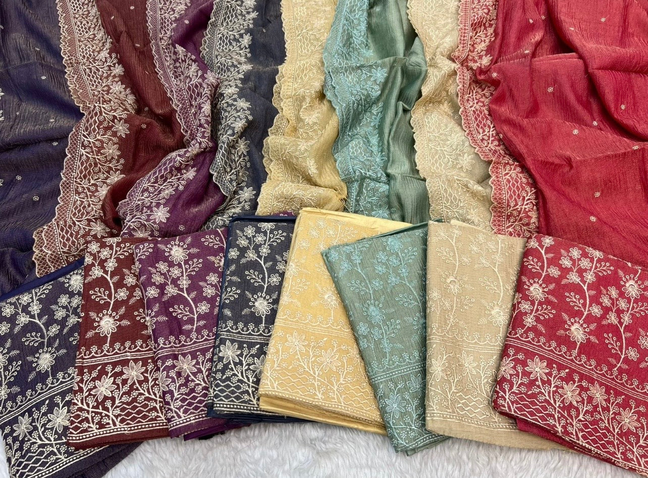 Pure crush tissue heavy embroidered unstitched suits