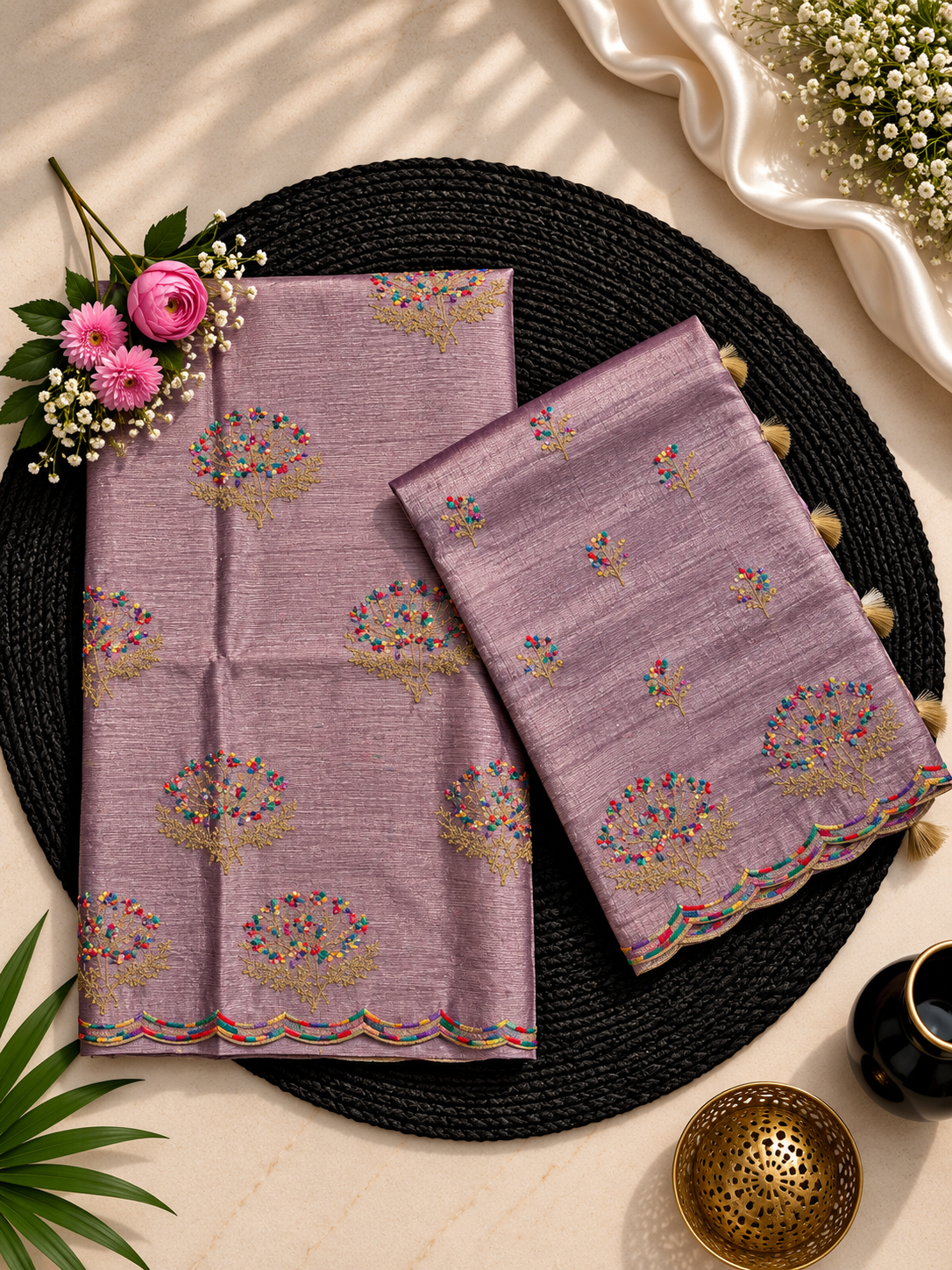 Pure tissue stripe zari weaved with embroidery work unstiched suits sets