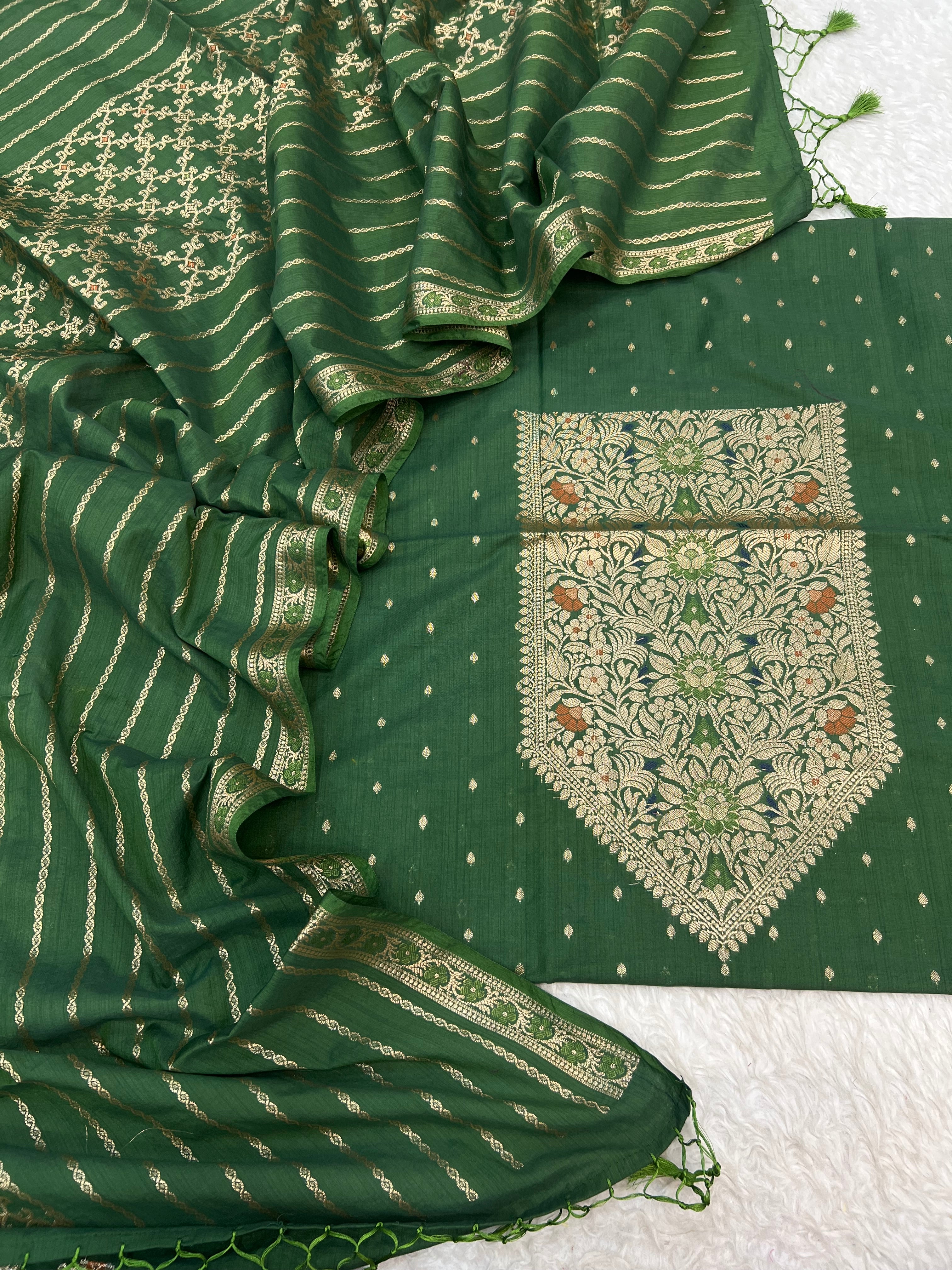 Pure mal Chanderi zari minakari weaved neck work design unstiched suits sets
