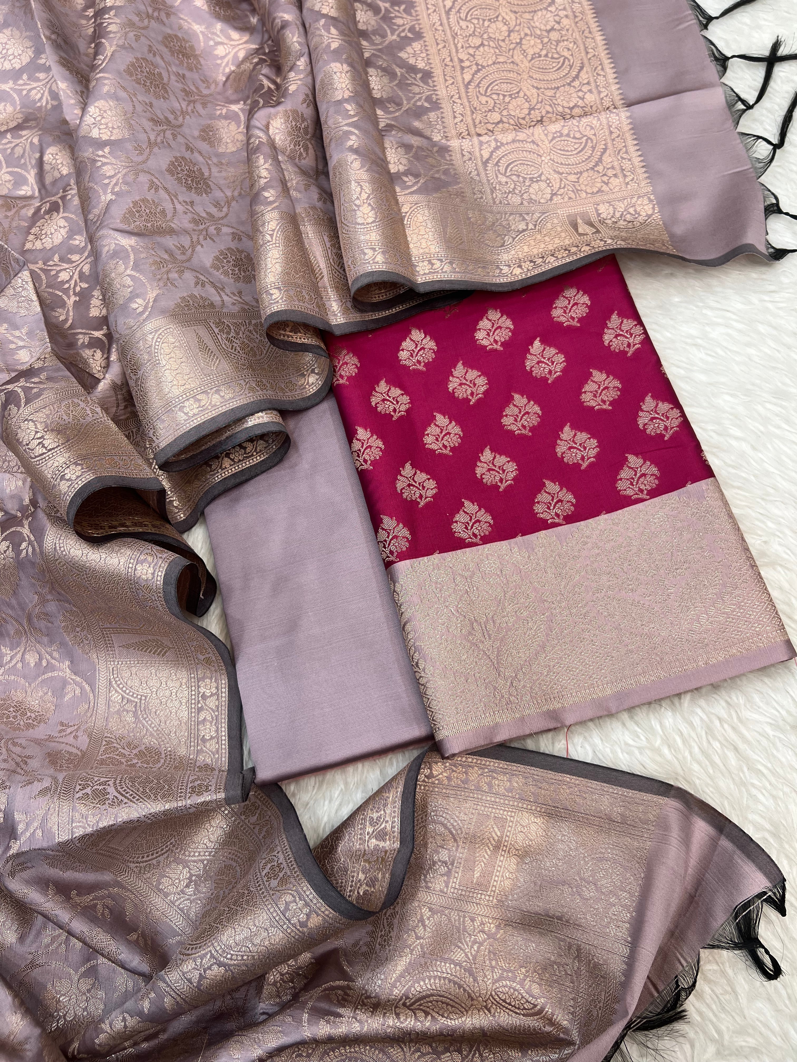 Banarasi silk zari jackard weaving multi contrast unstitched suits sets