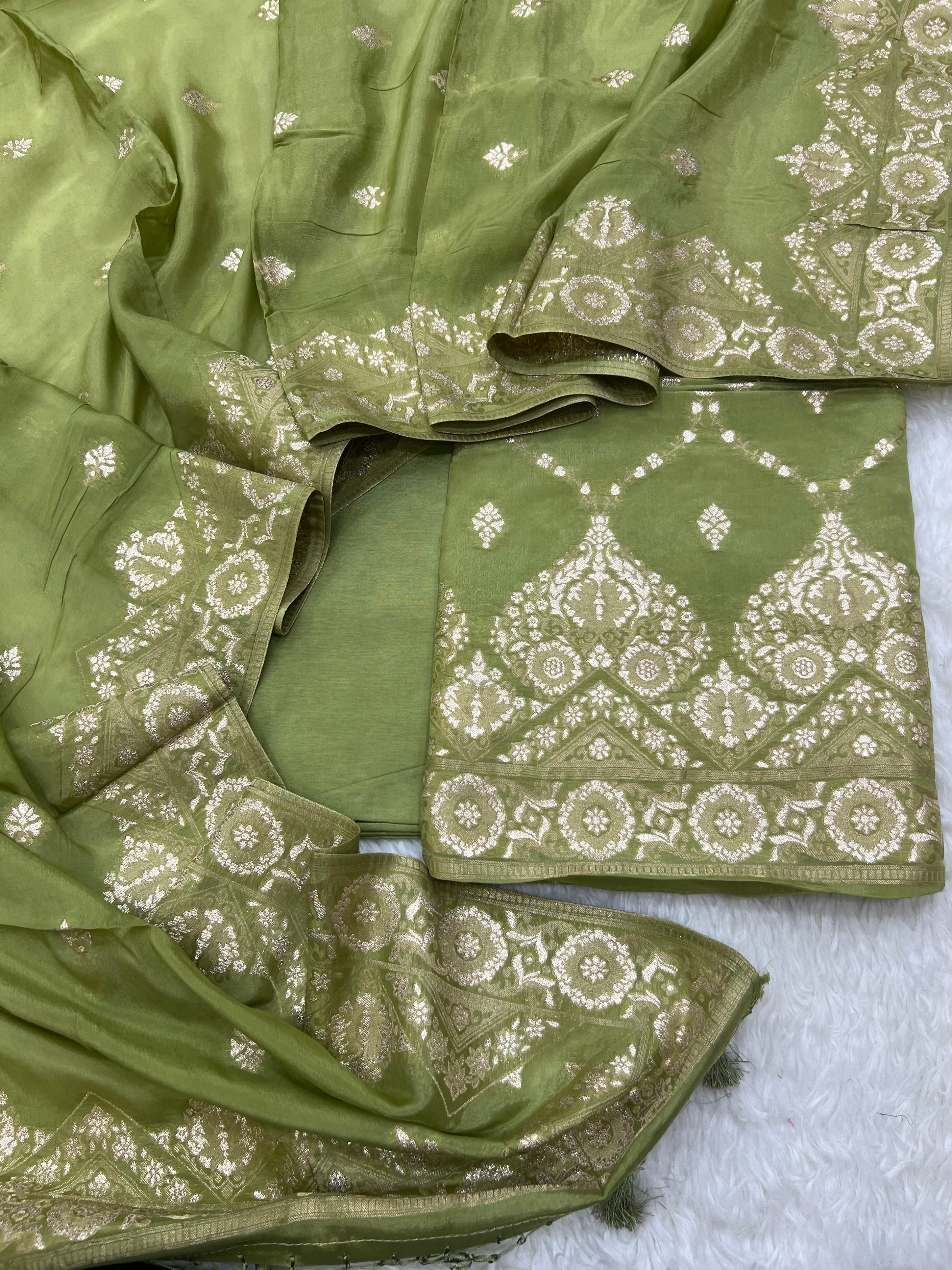 Pure crape antique almond zari weaved unstitched suits collections
