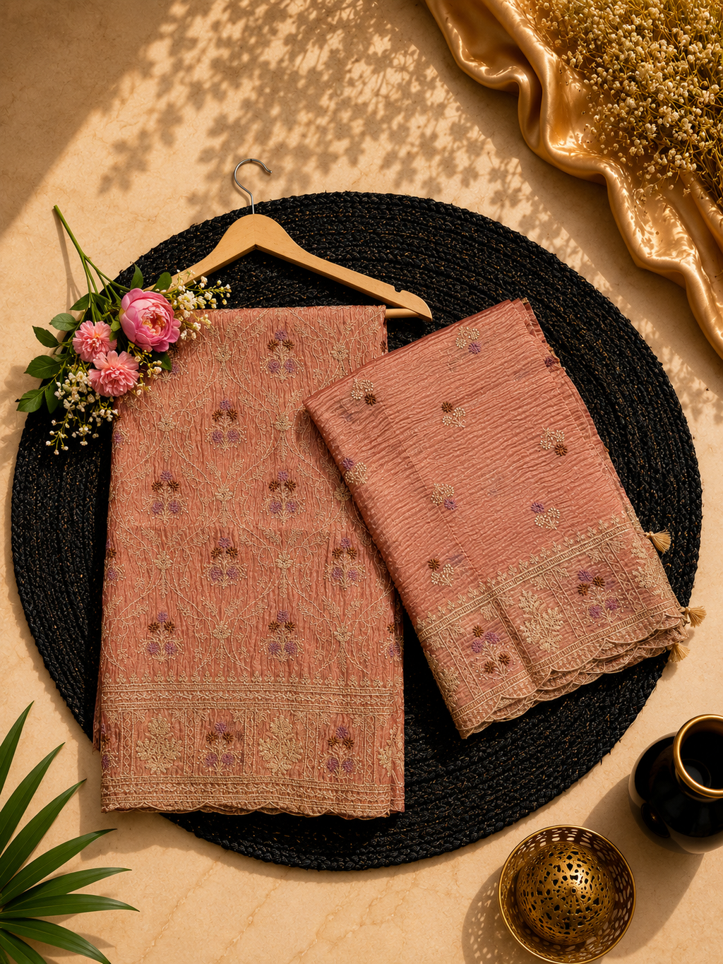 Pure crush tissue heavy embroidered unstitched suits sets