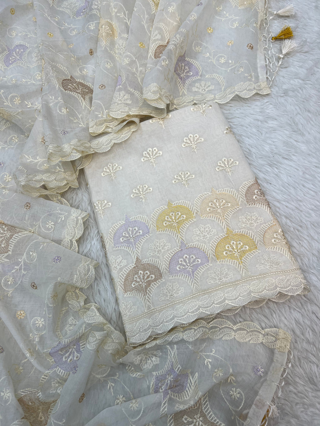 Pure mal Chanderi interlocking arched rangkat multi embroidered unstitched suit sets