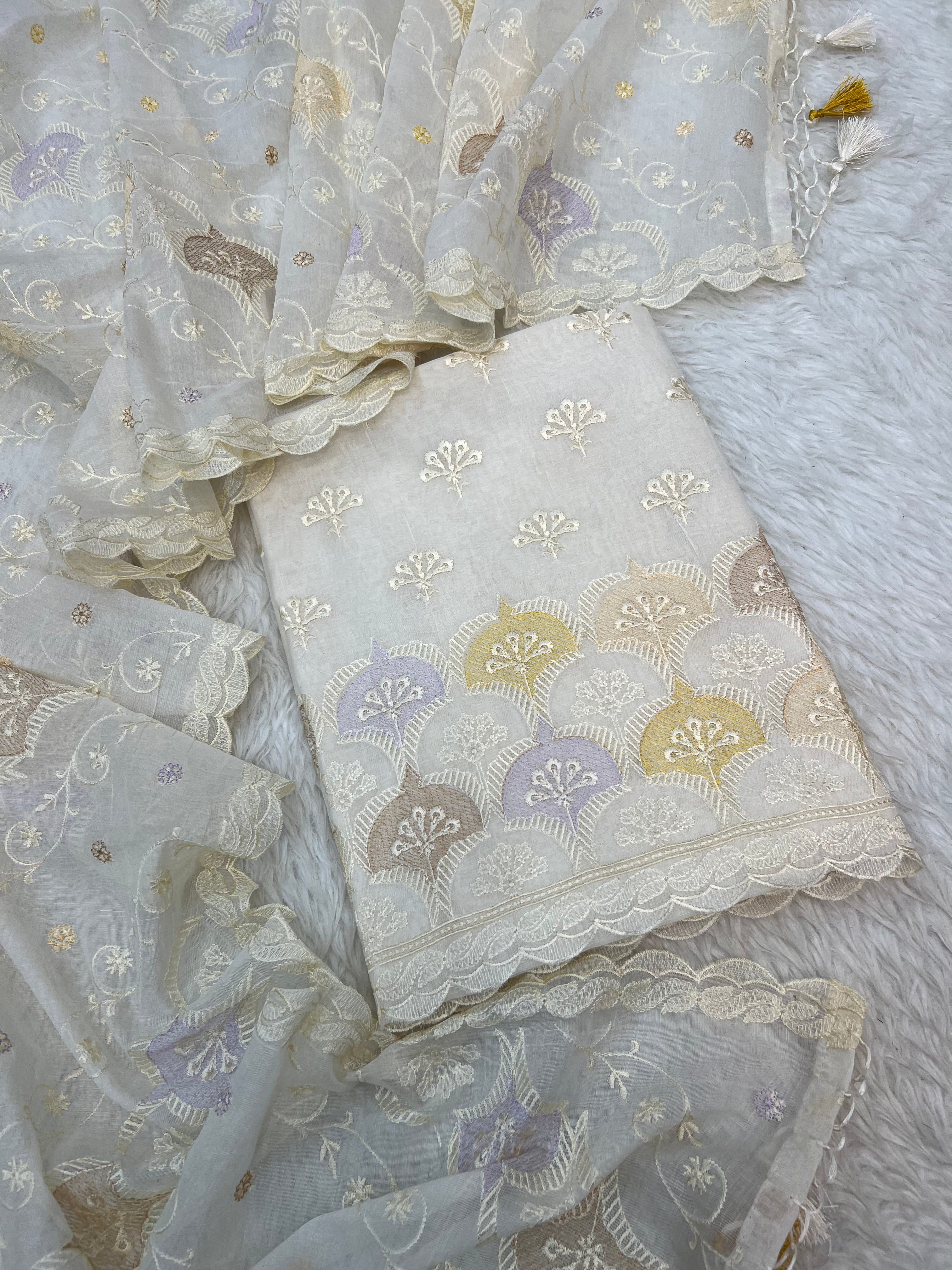 Pure mal Chanderi interlocking arched rangkat multi embroidered unstitched suit sets