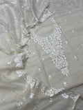 Pure mal Chanderi off white dyeable chikankari Embroidery neck design suits