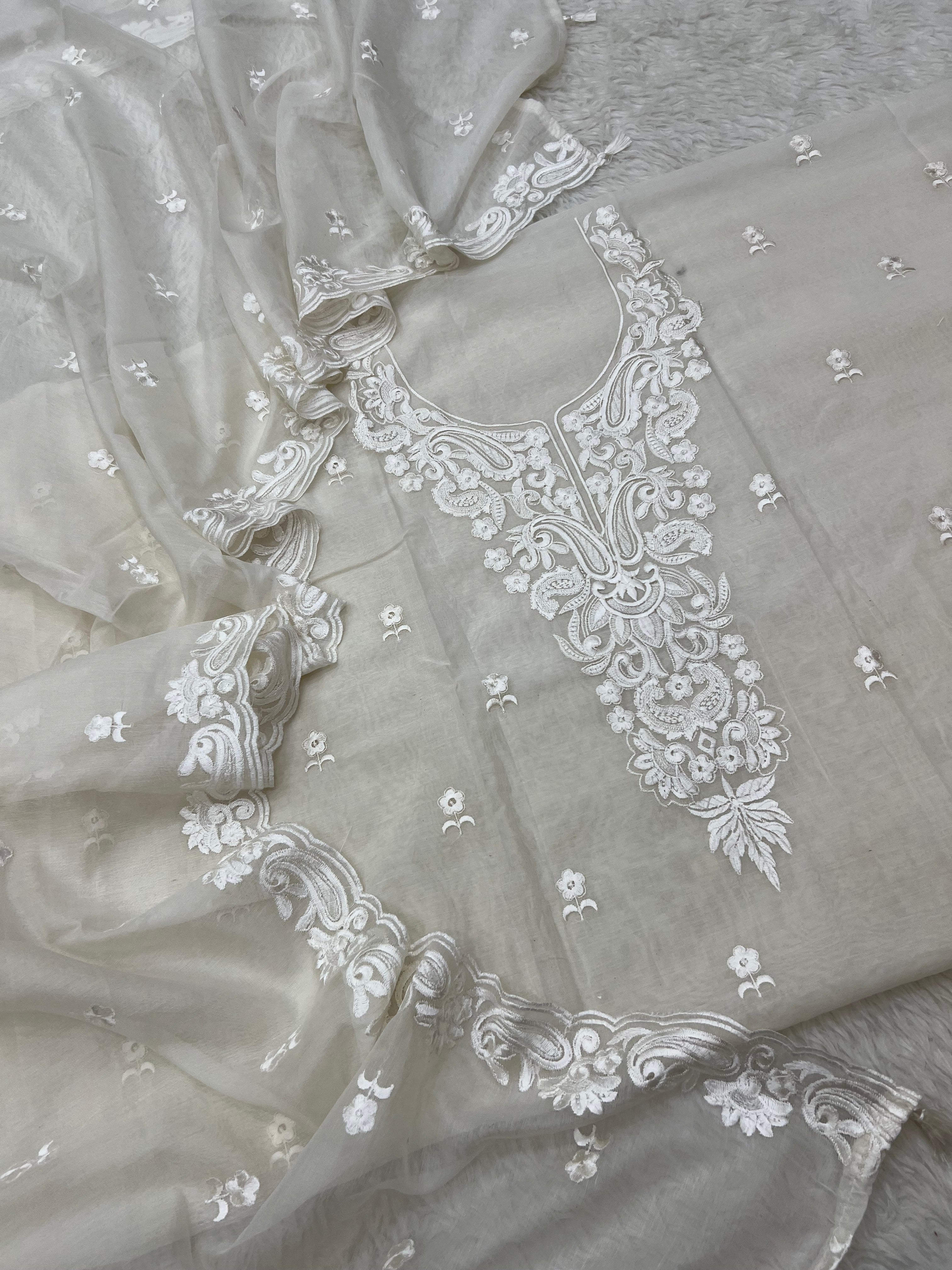 Pure mal Chanderi off white dyeable chikankari Embroidery neck design suits