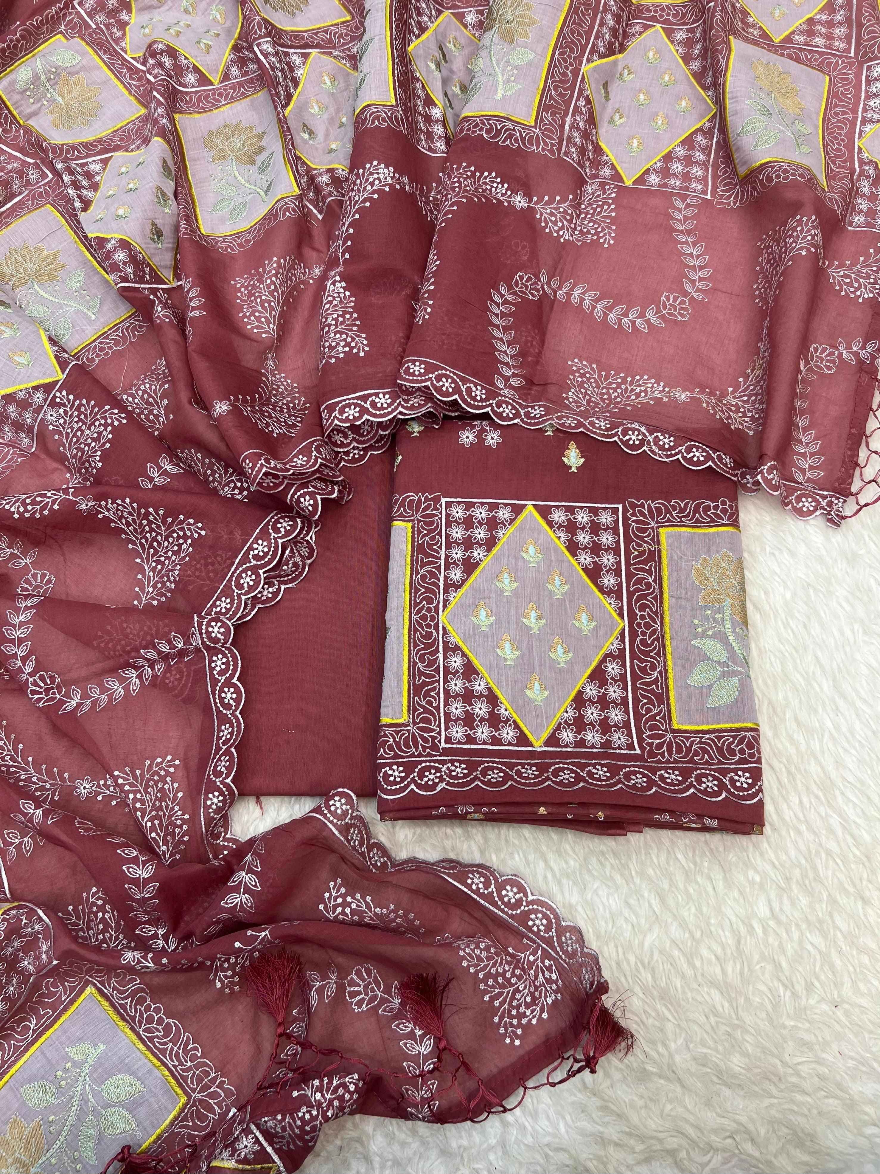 Pure mal Chanderi gharchola embroidery cotton patchwork unstiched suits sets