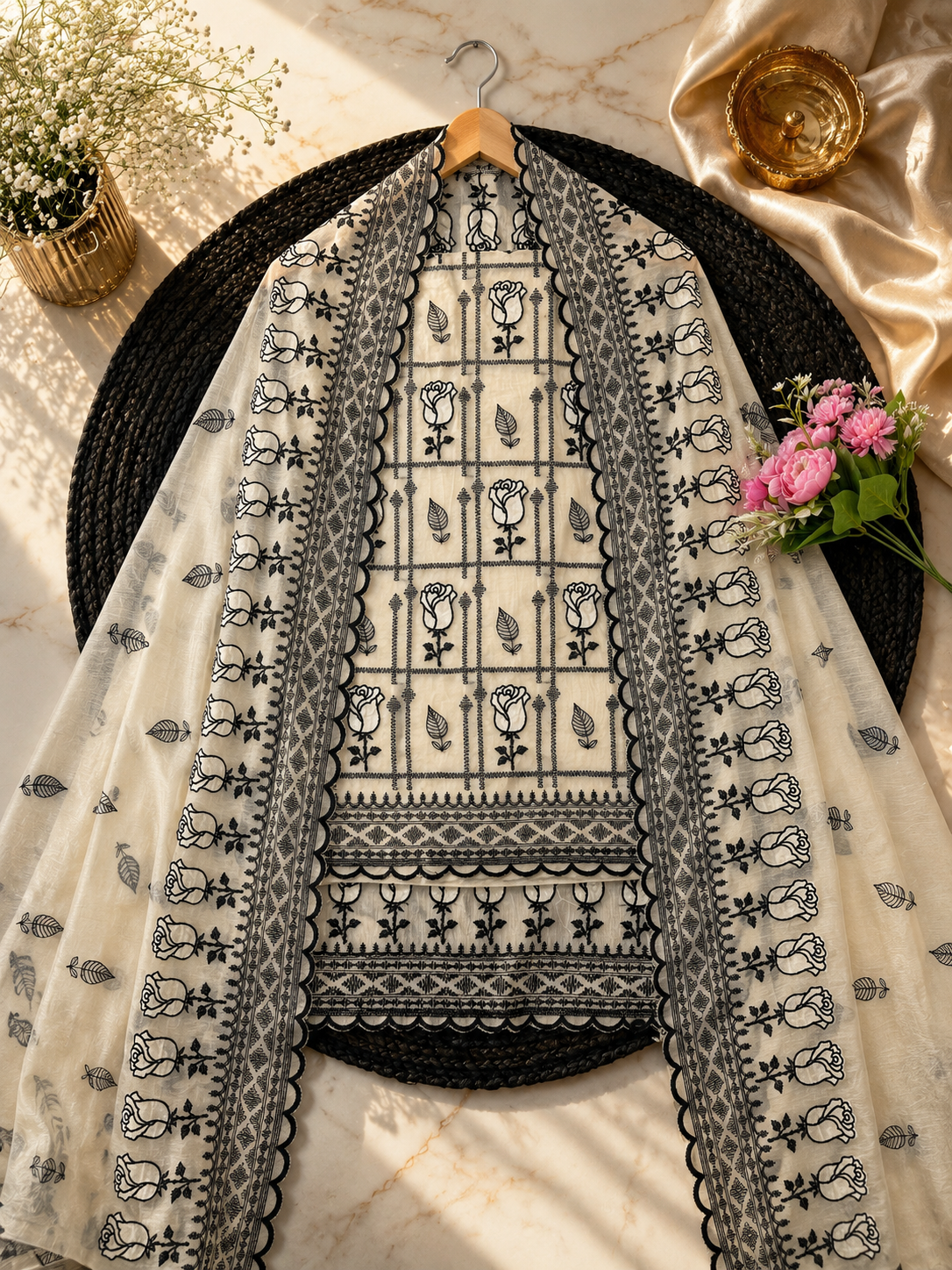 Pure mal Chanderi black thread embroidery with cotton Applique cutwork unstitched suits sets