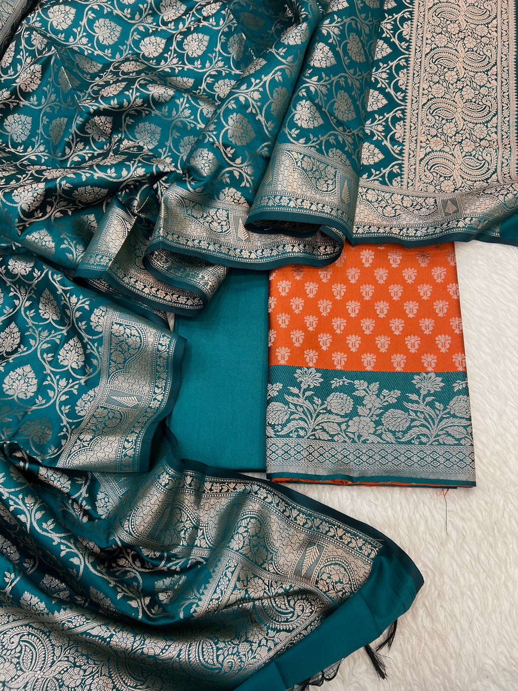 Banarasi silk zari jackard weaving multi contrast unstitched suits sets