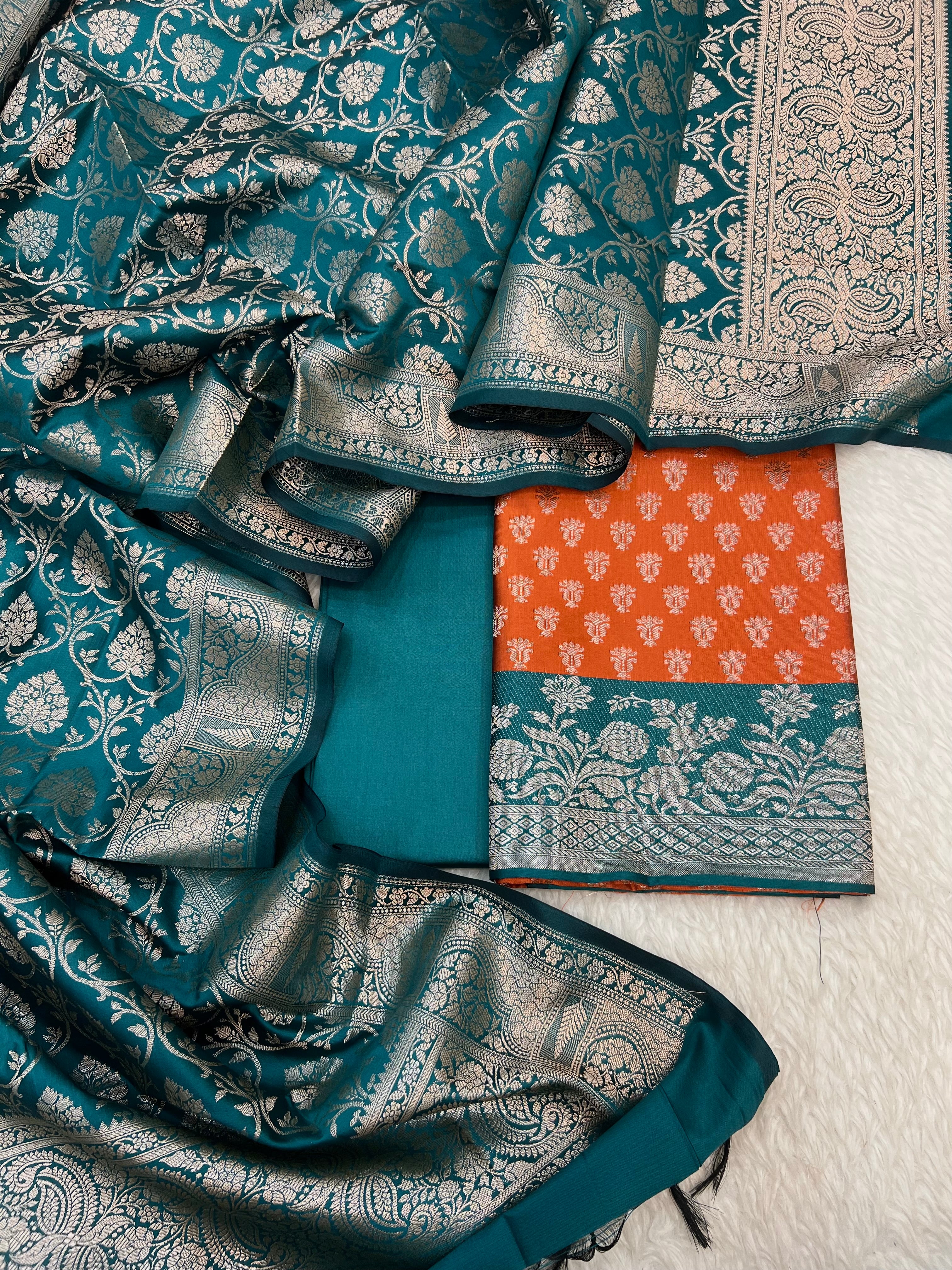 Banarasi silk zari jackard weaving multi contrast unstitched suits sets