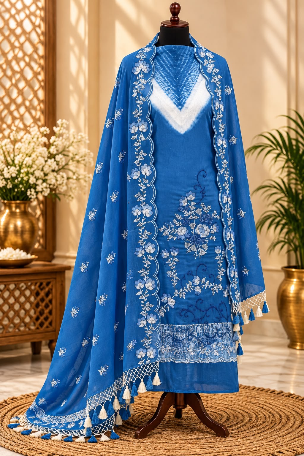 Bandhani shibori dyed pure mal Chanderi embroidery work suits sets