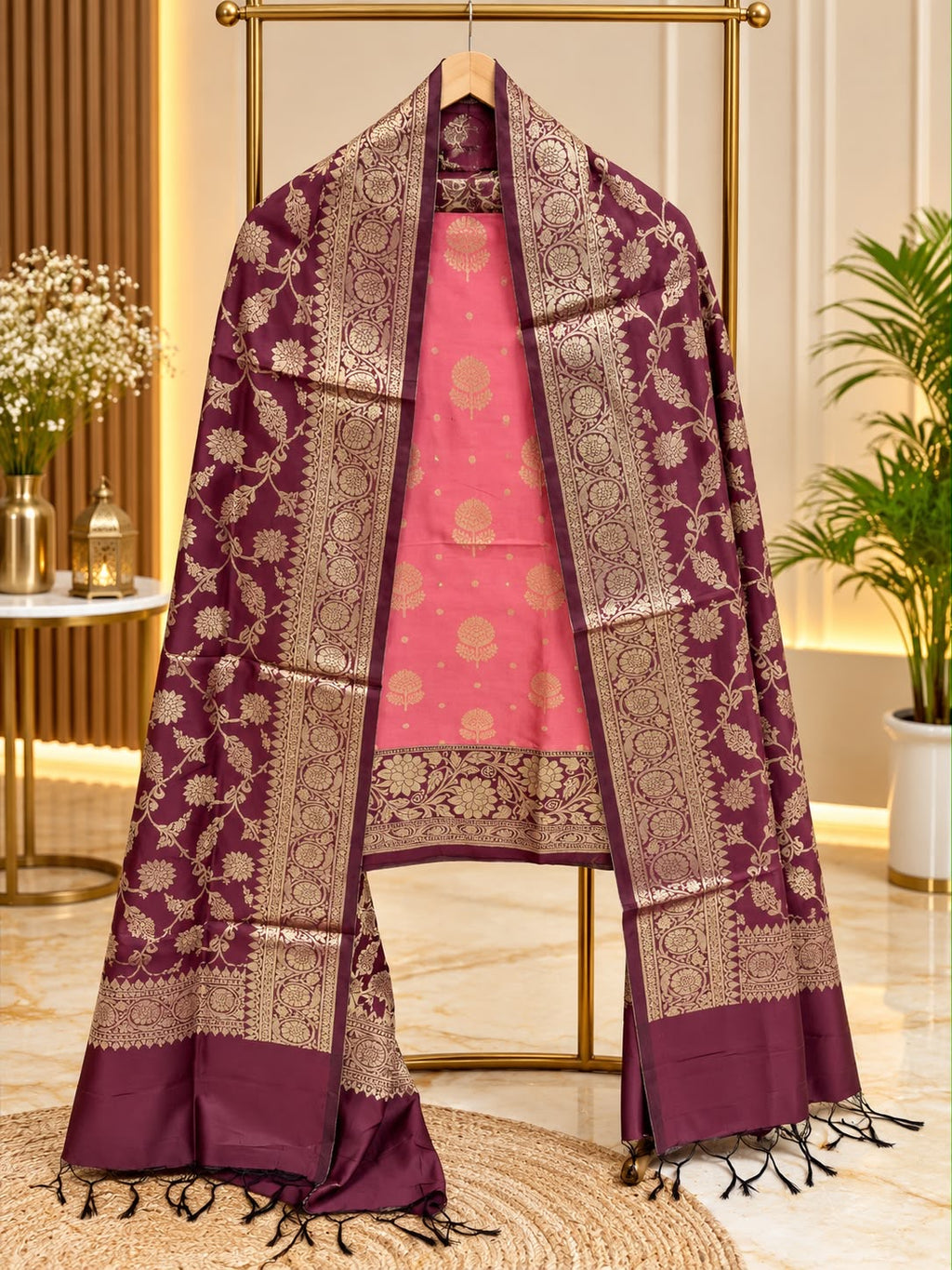 Banarasi silk zari jackard weaved contrast unstiched suits sets