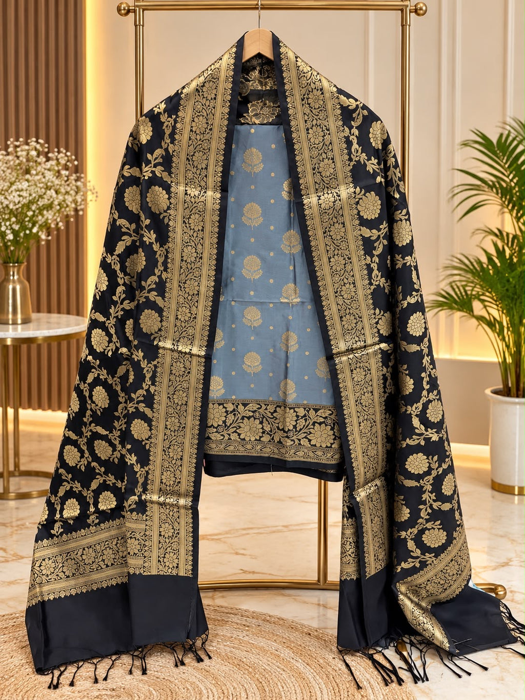 Banarasi silk zari jackard weaved contrast unstiched suits sets
