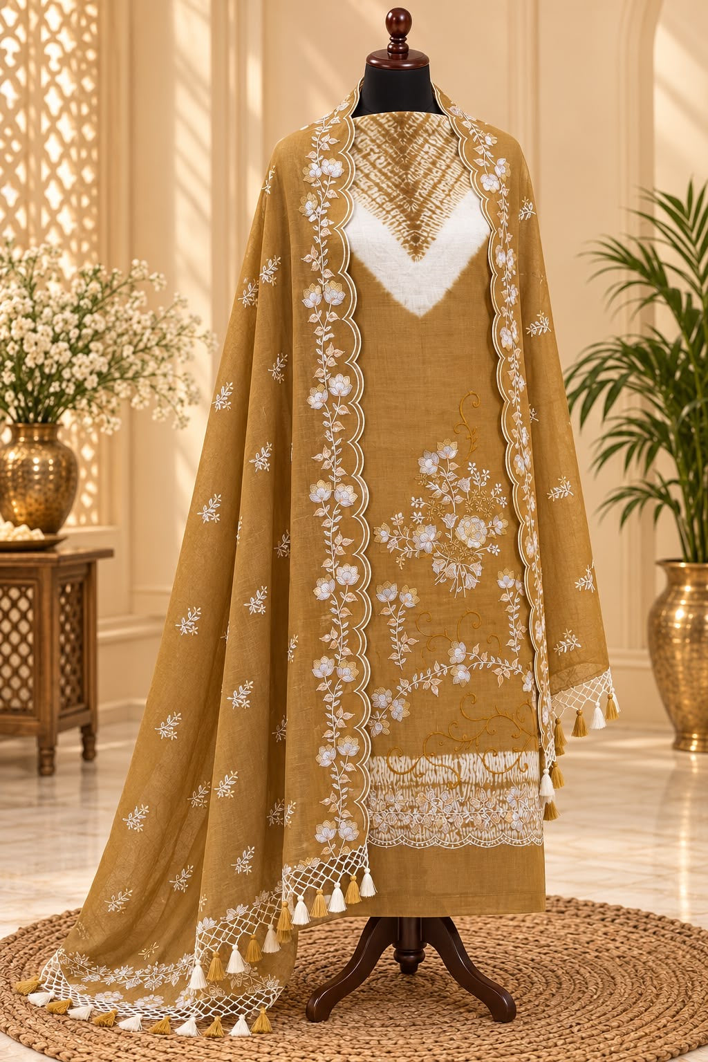Bandhani shibori dyed pure mal Chanderi embroidery work suits sets
