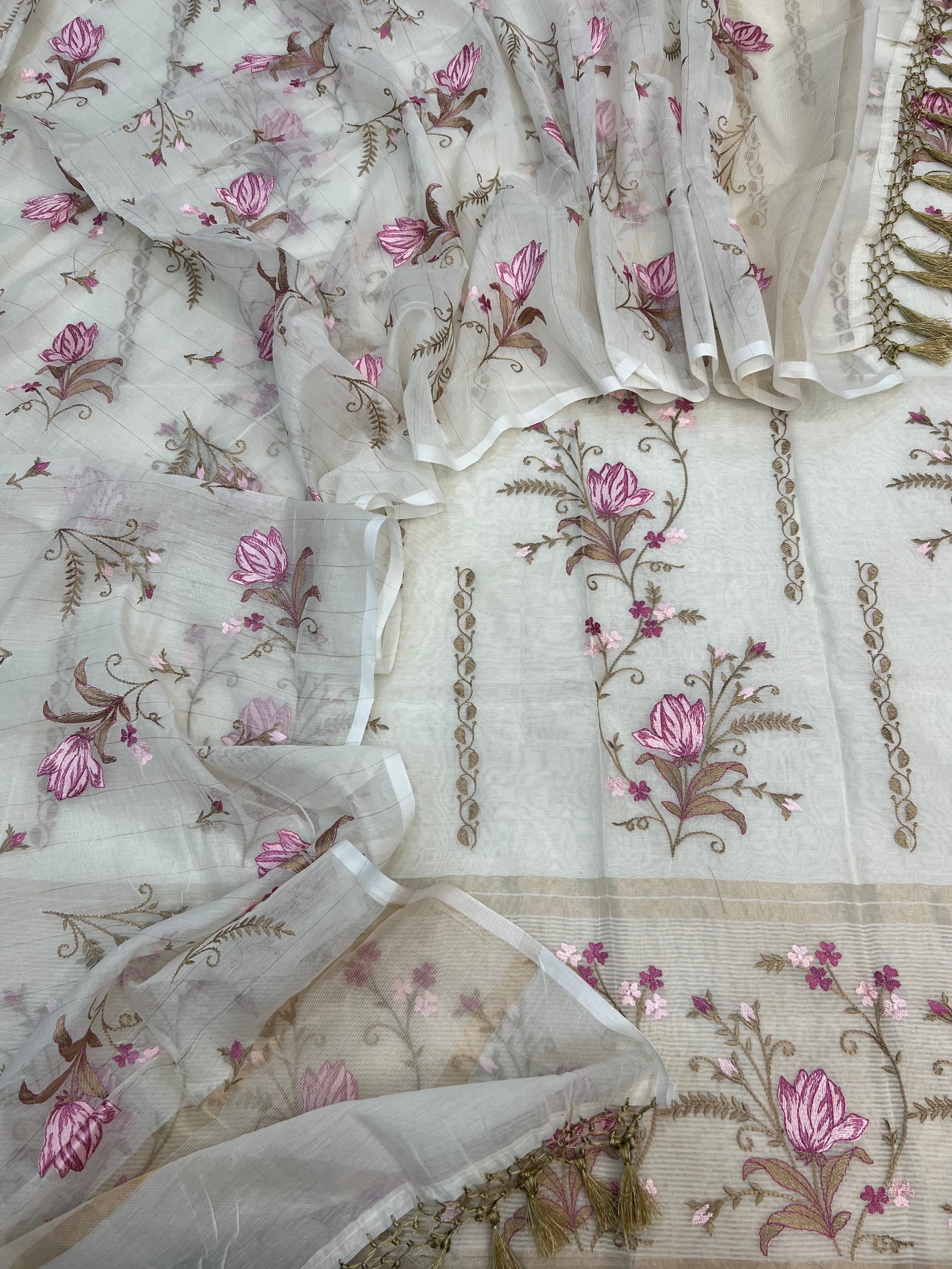 Pure mal chanderi dyeable floral embroidery work suits