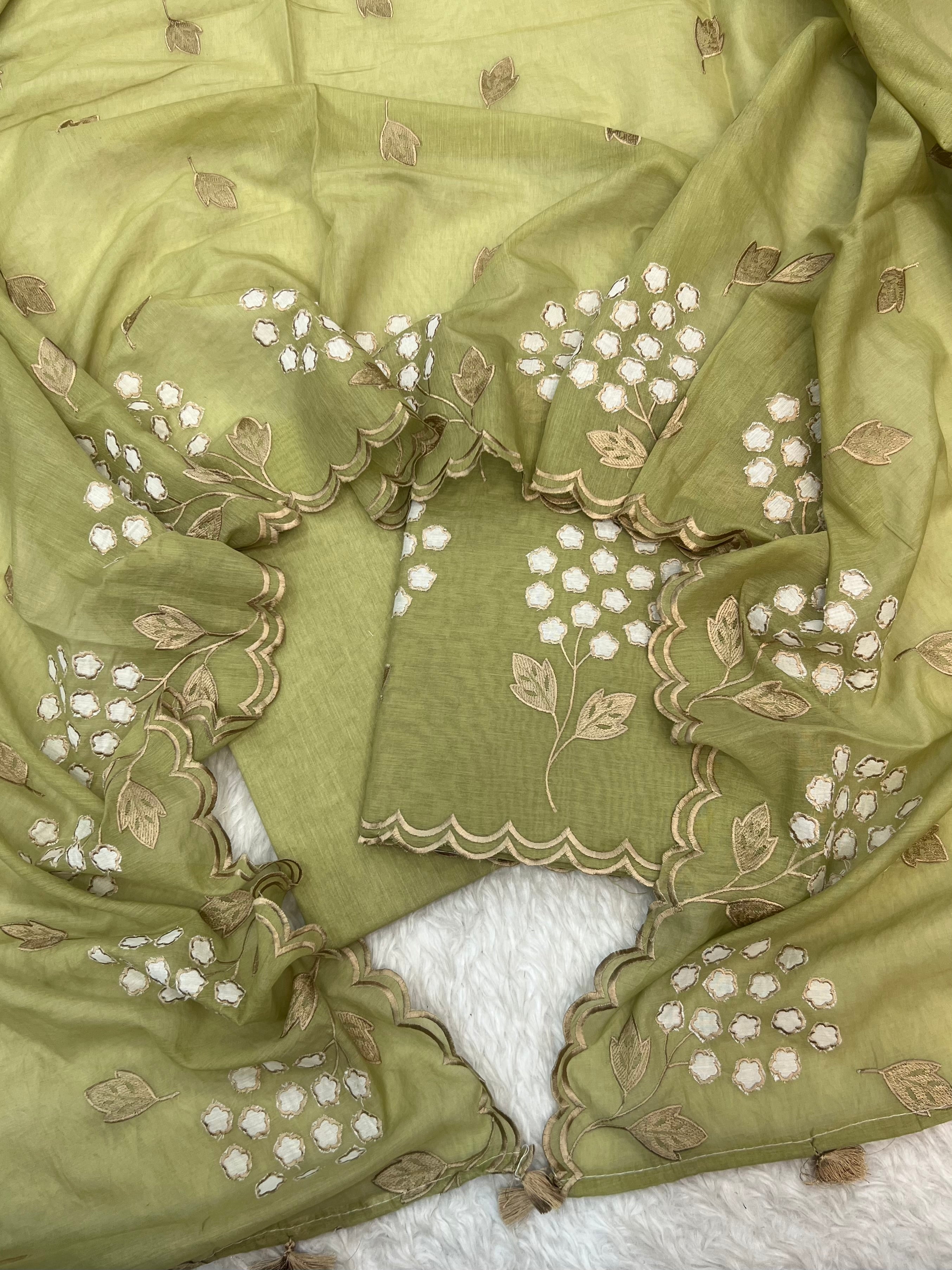 Pure mal Chanderi beige tussar embroidered cotton applique Alia Bhatt inspired unstitched suits sets