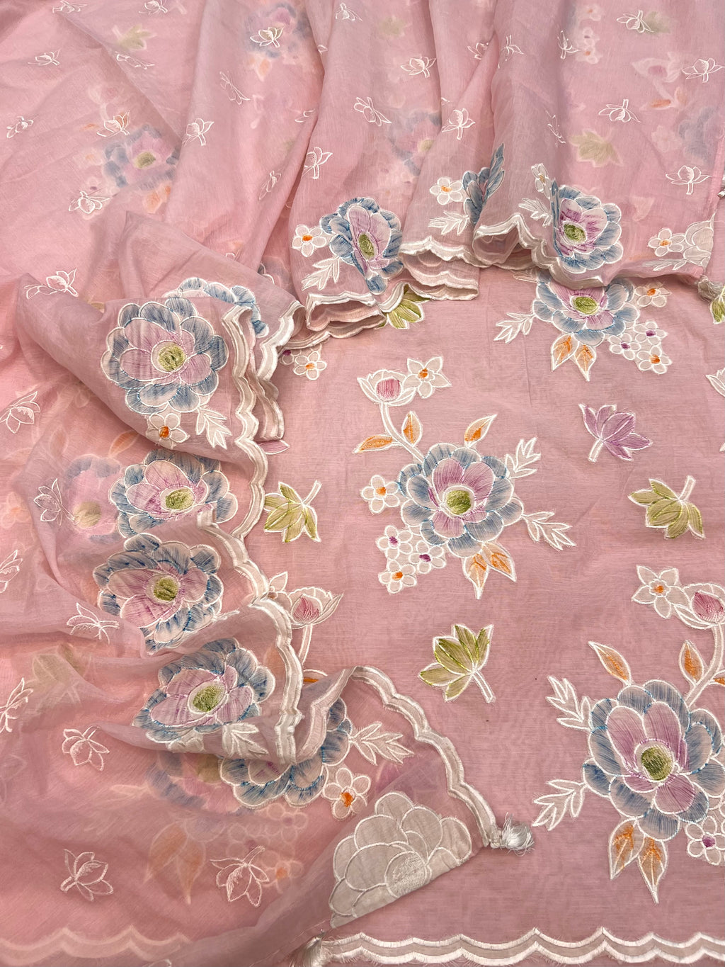 Pure mal Chanderi cotton Applique hand brush paint unstiched suits sets