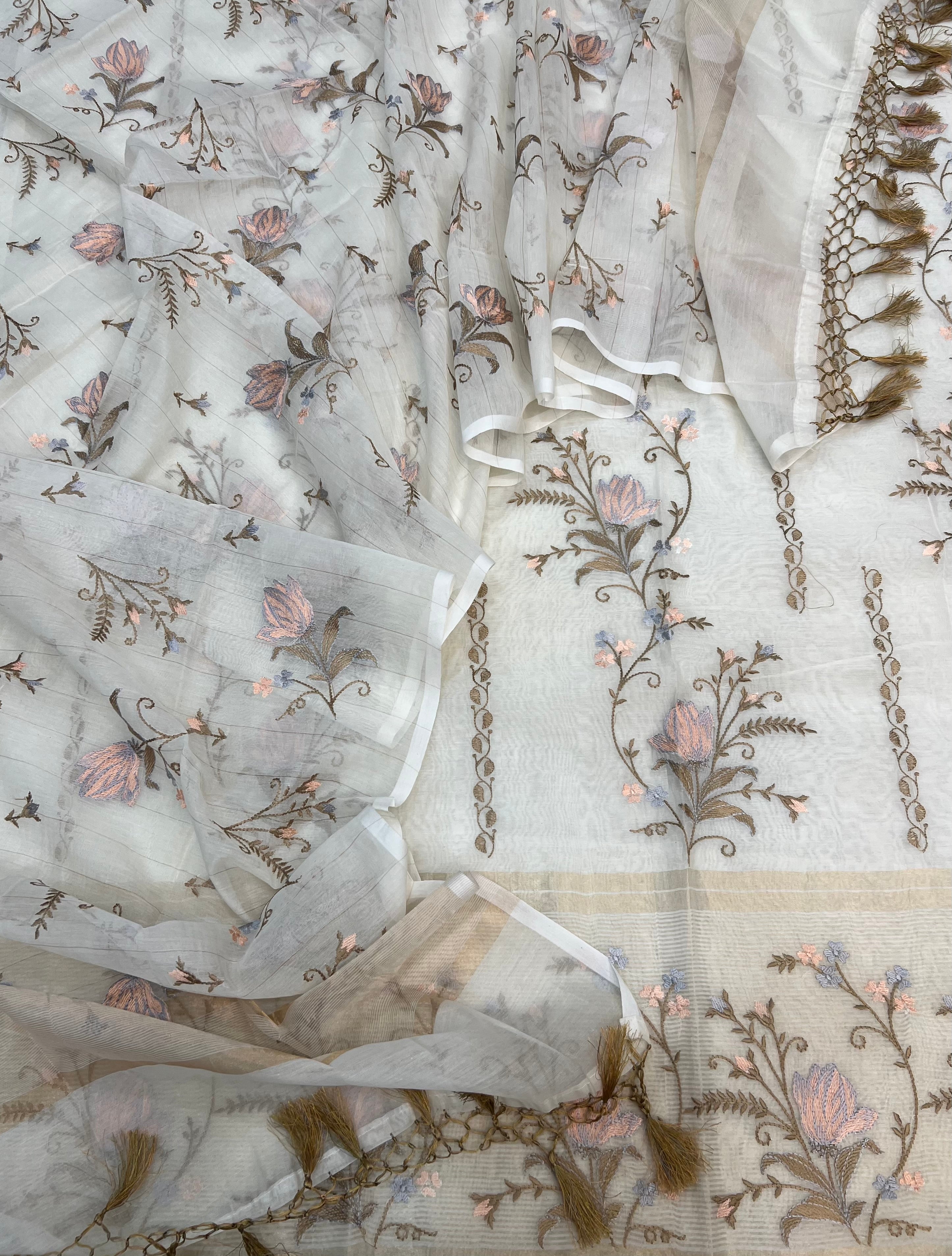 Pure mal chanderi dyeable floral embroidery work suits