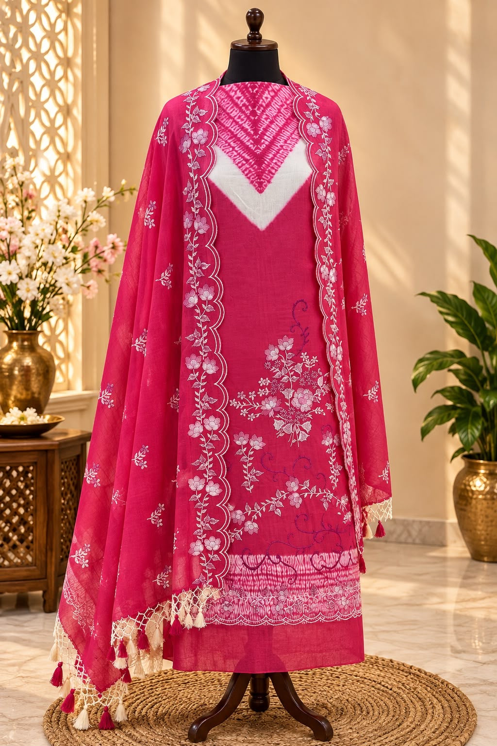 Bandhani shibori dyed pure mal Chanderi embroidery work suits sets