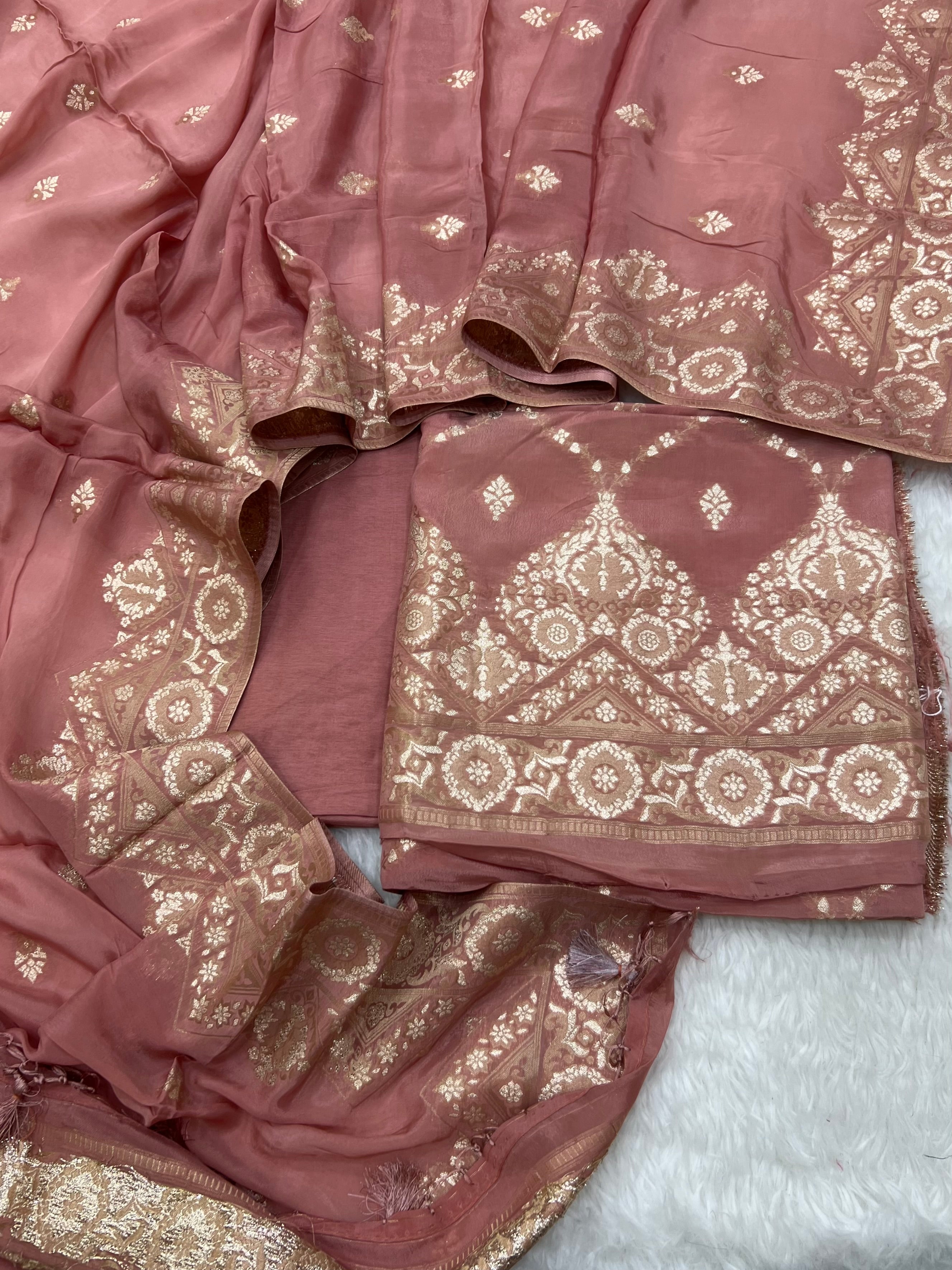 Pure crape antique almond zari weaved unstitched suits collections