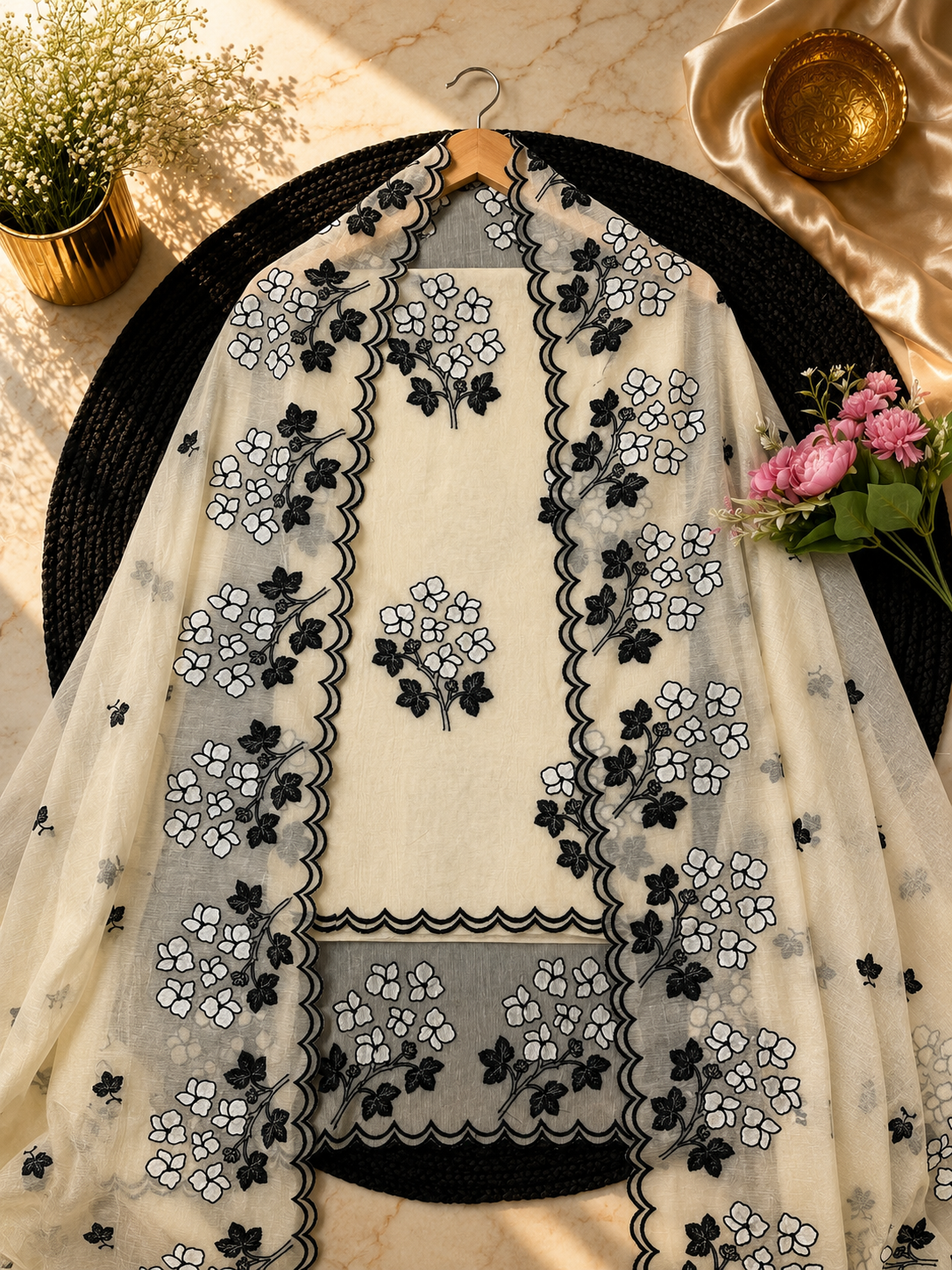 Pure mal Chanderi black thread embroidery with cotton Applique cutwork unstitched suits sets