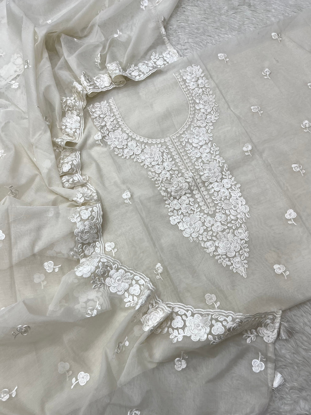 Pure mal Chanderi off white dyeable chikankari embroidery neck design suits