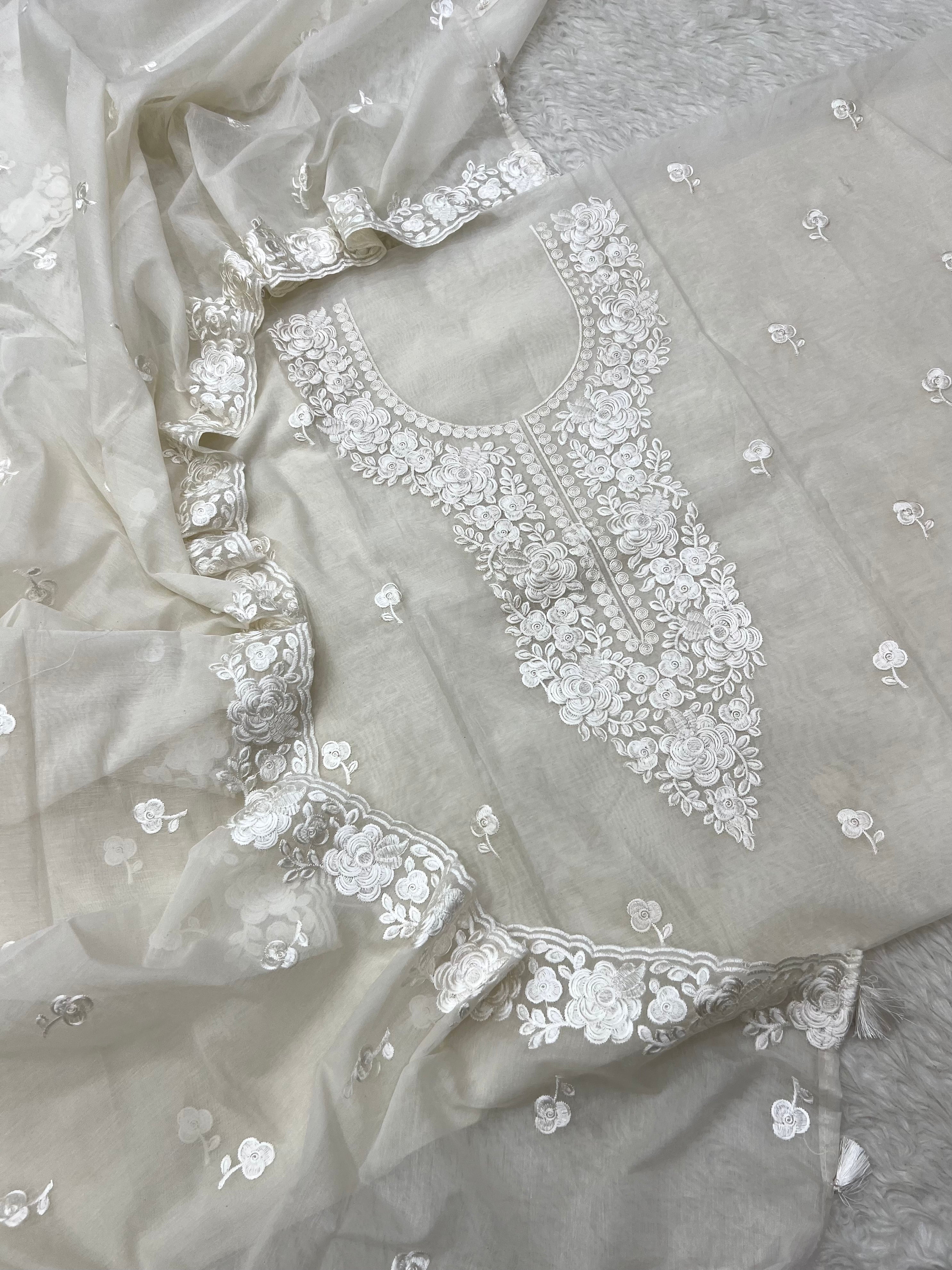 Pure mal Chanderi off white dyeable chikankari embroidery neck design suits