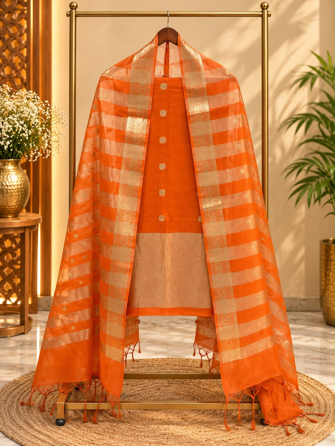 Pure mal Chanderi zari stripe polka weaved unstiched suits sets