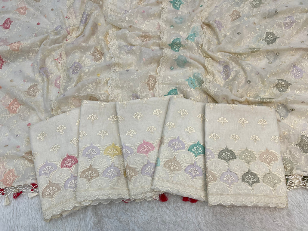 Pure mal Chanderi interlocking arched rangkat multi embroidered unstitched suit sets