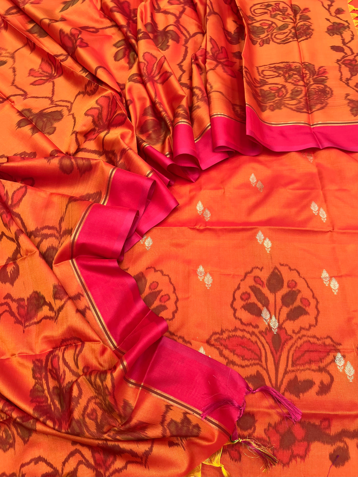 Pochampalli ikkat tani print katan silk unstiched suits sets
