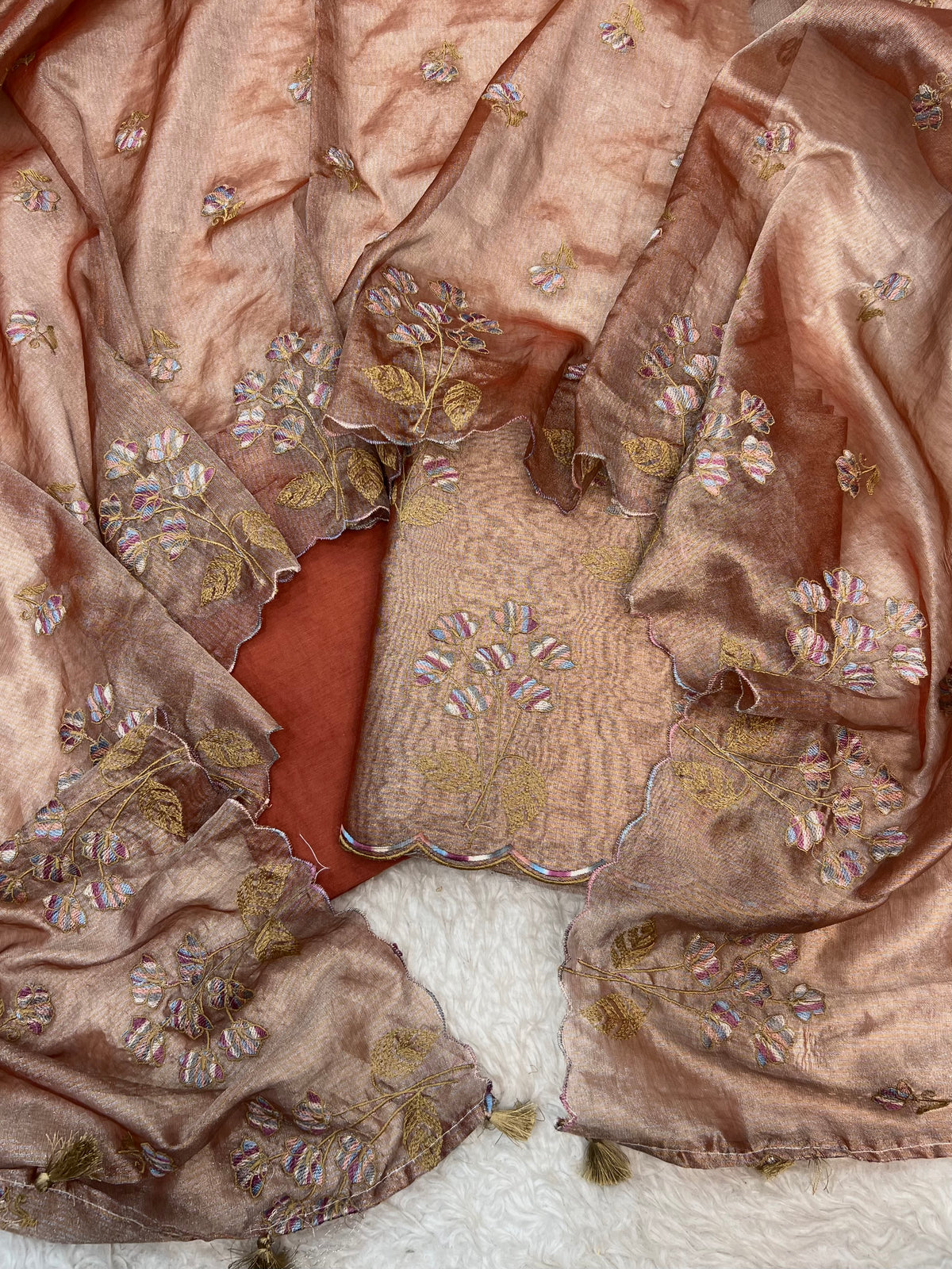 Pure tissue stripe zari weaved with embroidery work unstiched suits sets