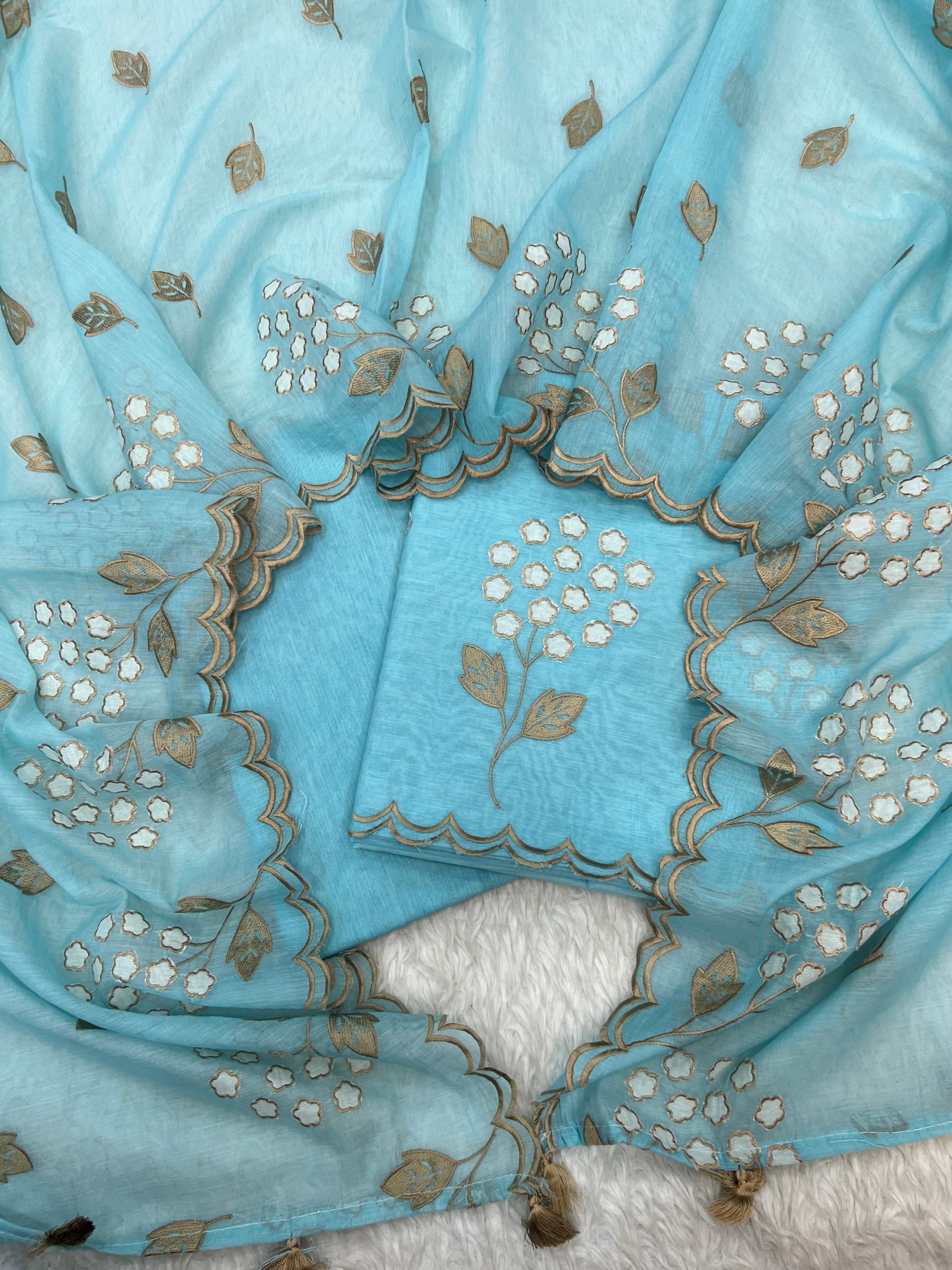 Pure mal Chanderi beige tussar embroidered cotton applique Alia Bhatt inspired unstitched suits sets