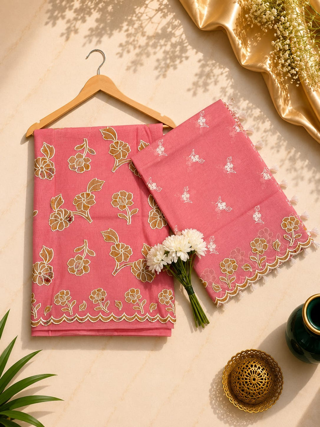 Pure mal Chanderi tissue digital print applique work unstitched suit sets