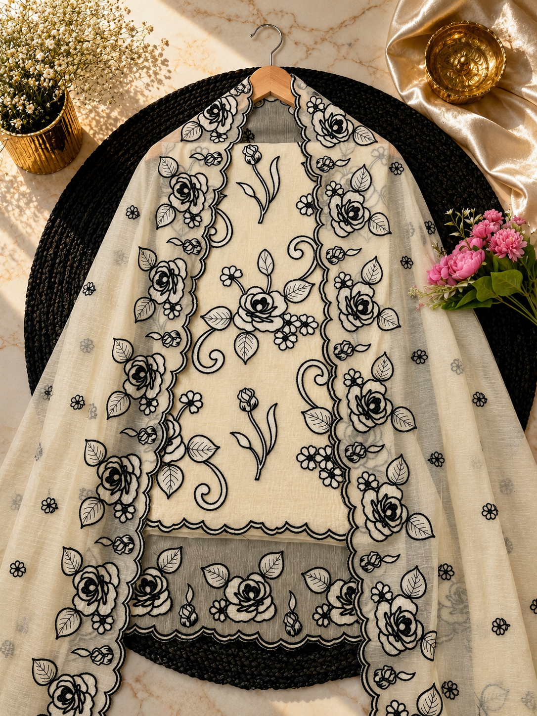 Pure mal Chanderi black thread embroidery with cotton Applique cutwork unstitched suits sets