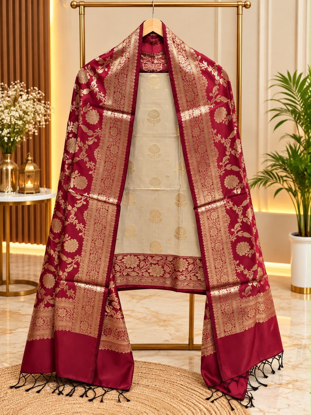 Banarasi silk zari jackard weaved contrast unstiched suits sets