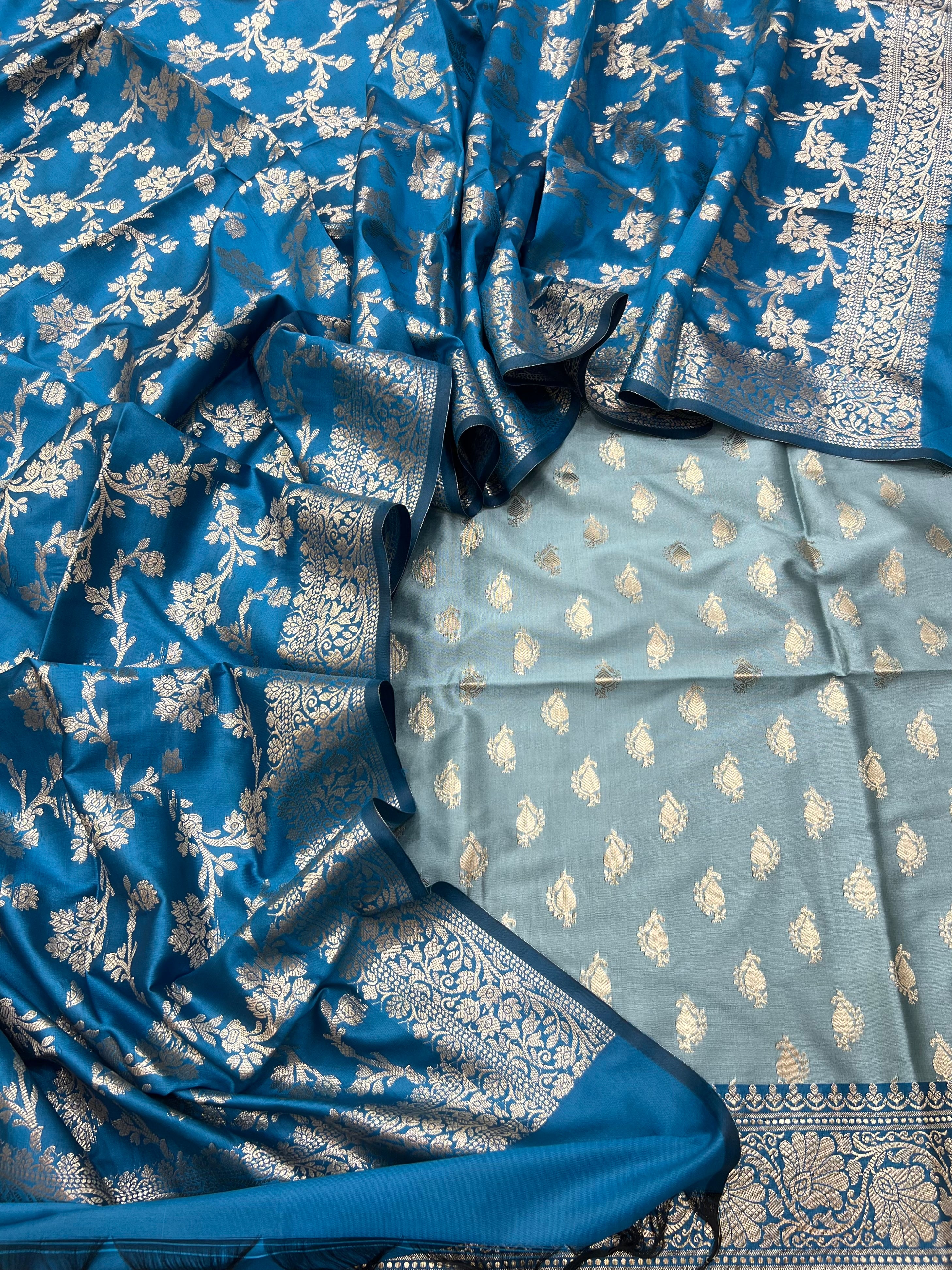Banarasi silk zari jackard weaving contrast unstitched suits sets
