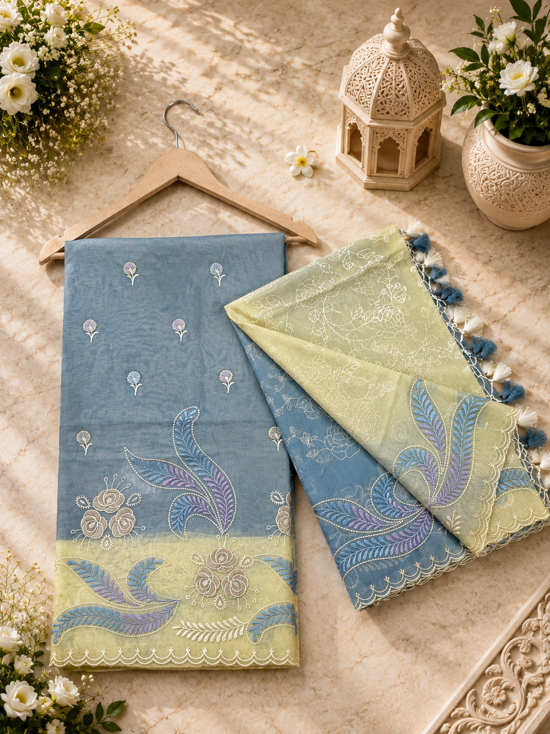 Pure mal Chanderi embroidery with contrast dyed unstiched suits sets