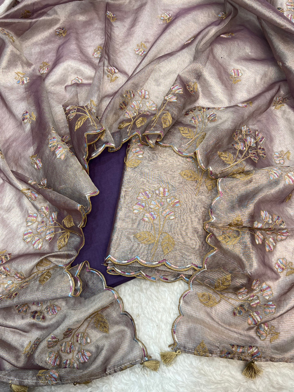 Pure tissue stripe zari weaved with embroidery work unstiched suits sets