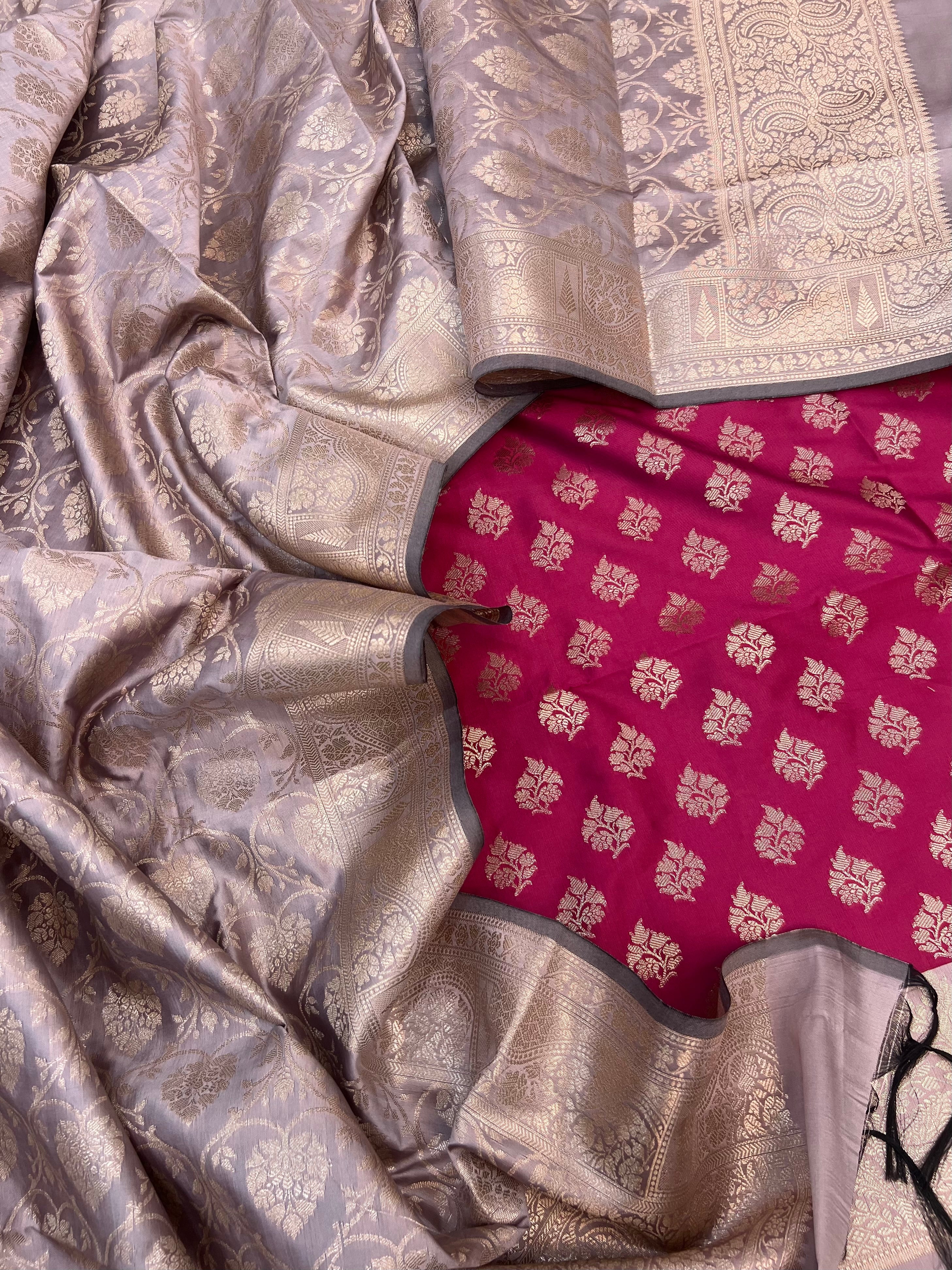 Banarasi silk zari jackard weaving multi contrast unstitched suits sets