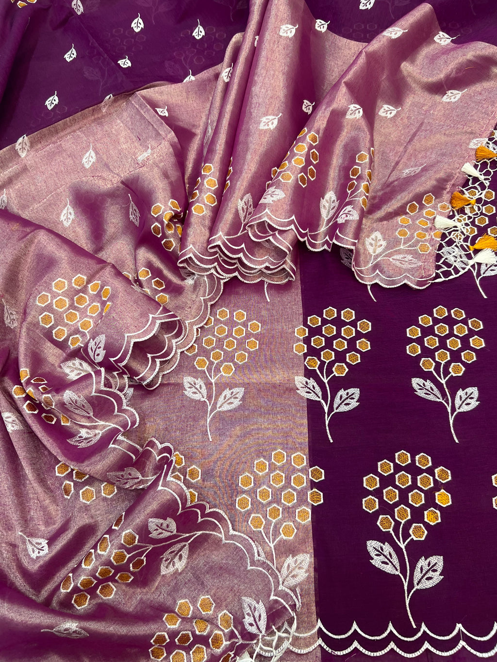 Pure tissue 2D dual shade half tissue half cotton based embroidered unstiched suits sets