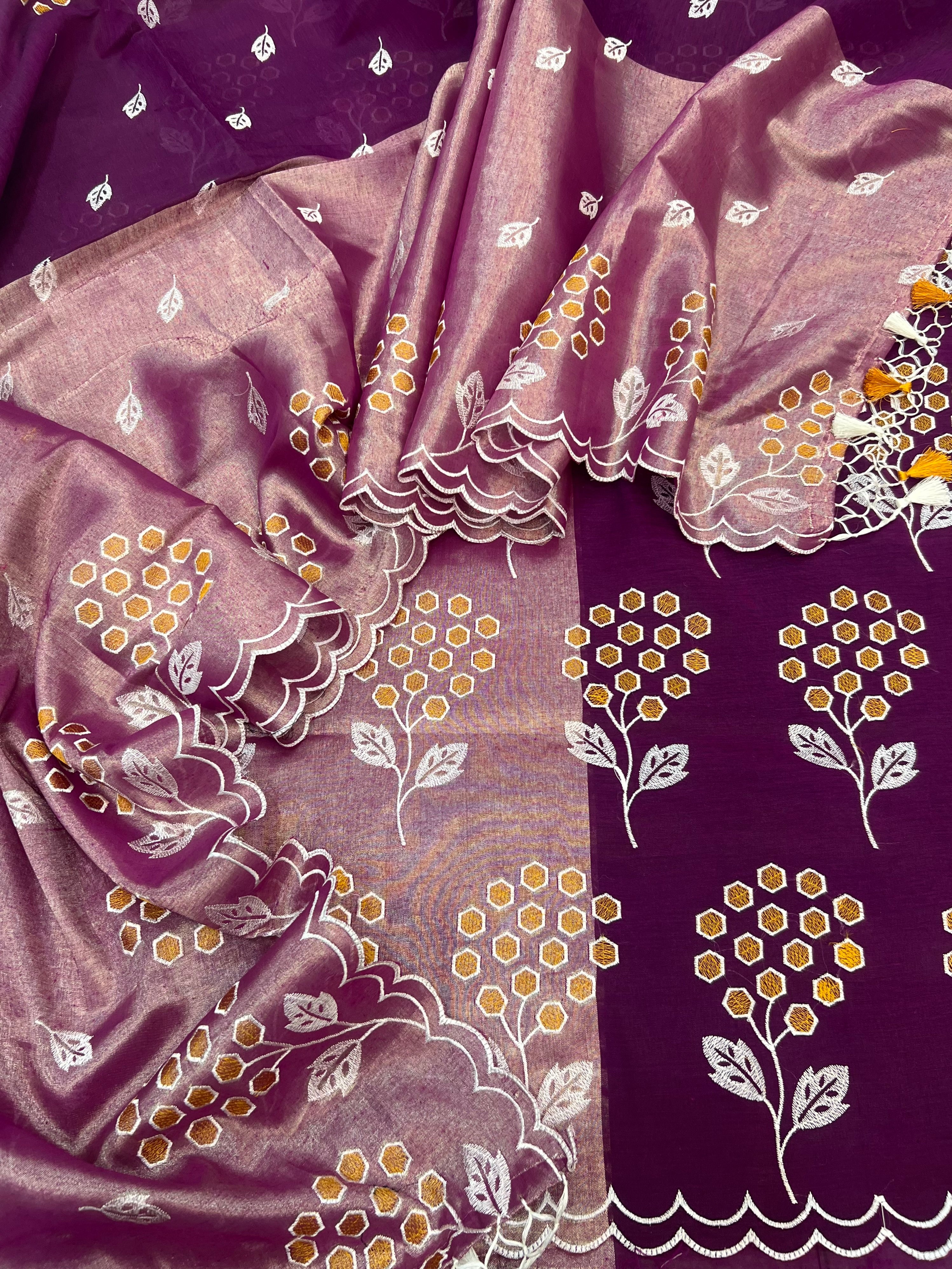 Pure tissue 2D dual shade half tissue half cotton based embroidered unstiched suits sets