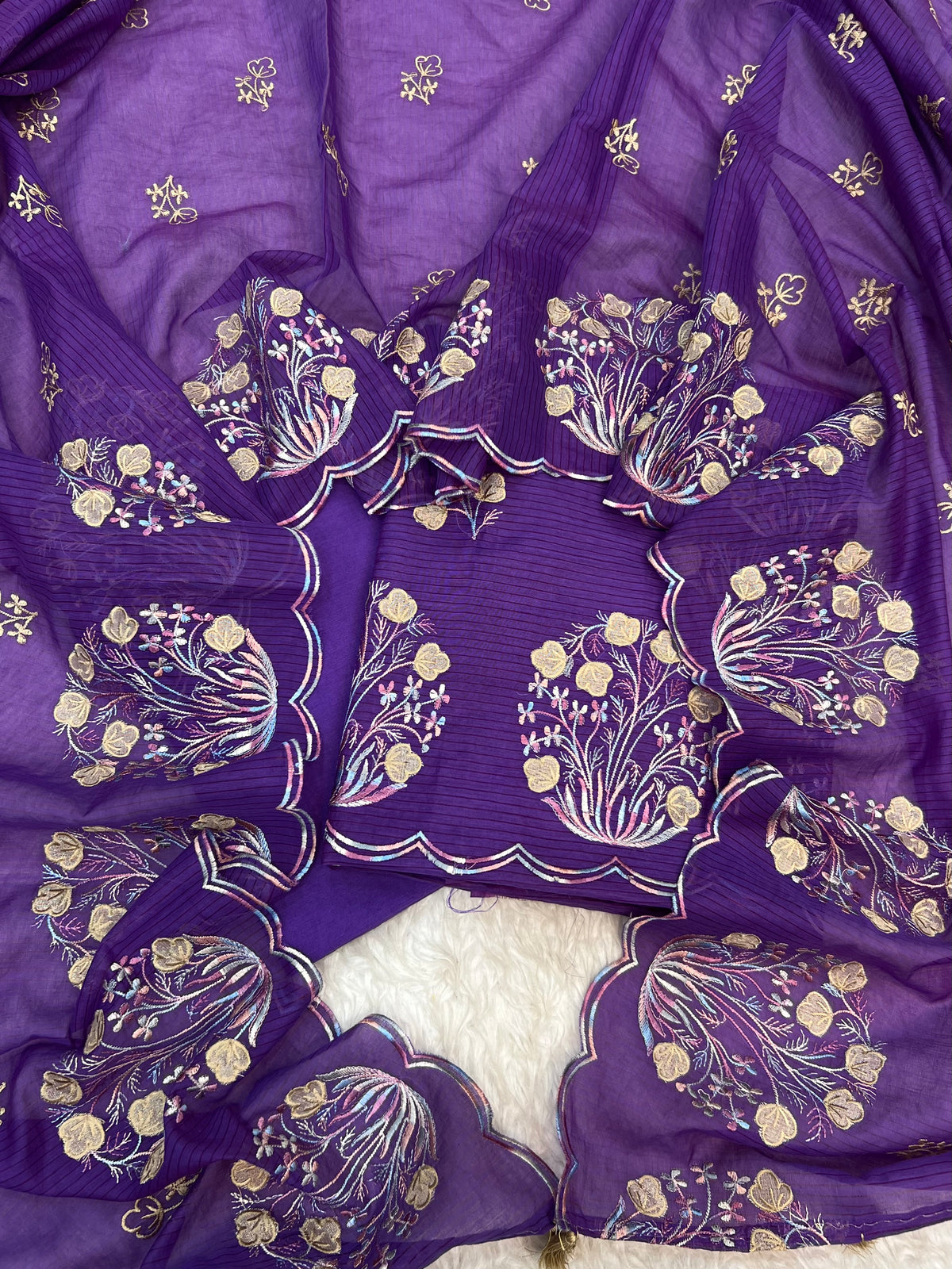 Pure mal Chanderi stripe weaved floral embroidered blossom boota unstiched suits sets