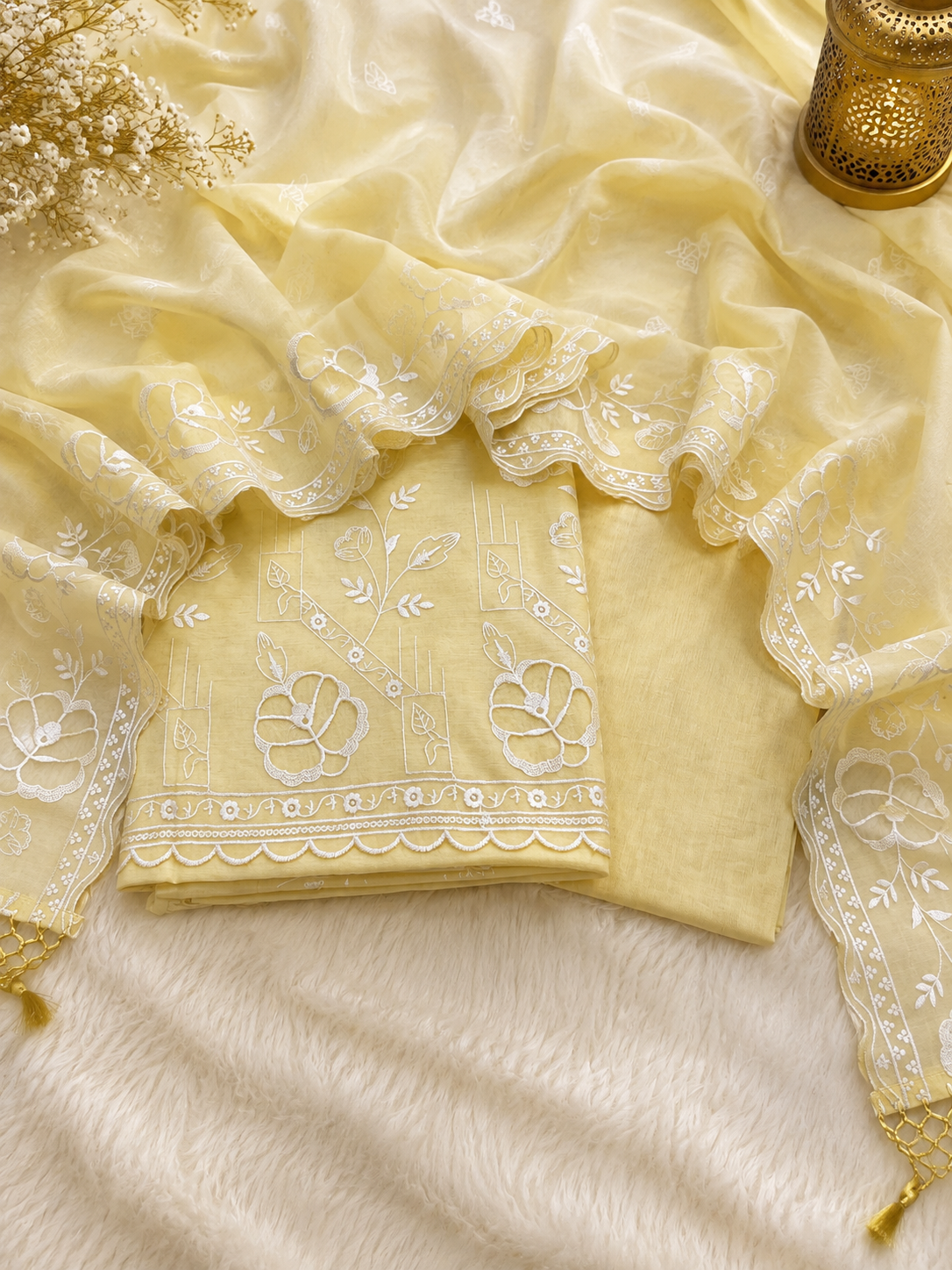 Pure mal chanderi embroidered organza Applique unstiched suits sets